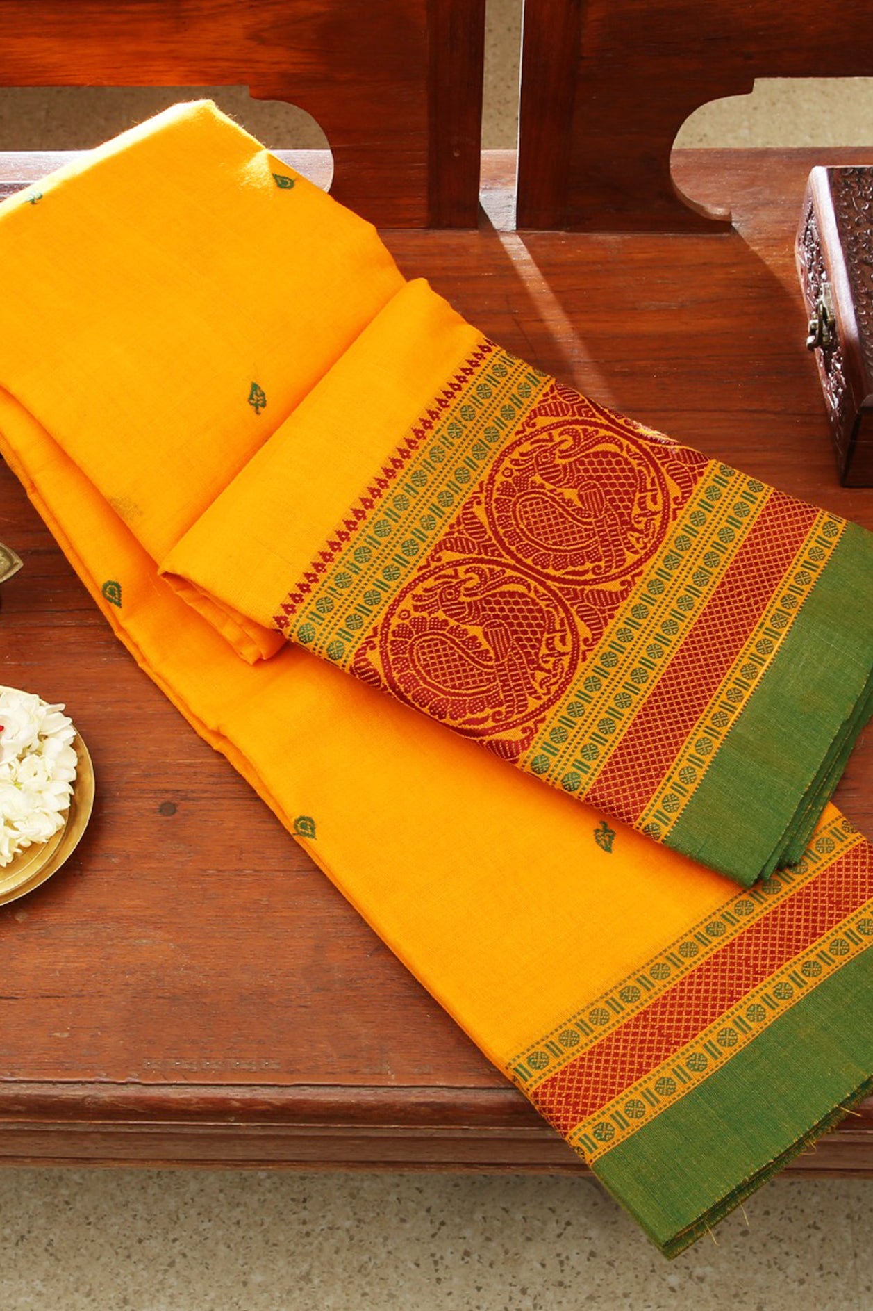  Thread Work Peacock And Rudraksh Border Yellow Chettinadu Cotton Saree 