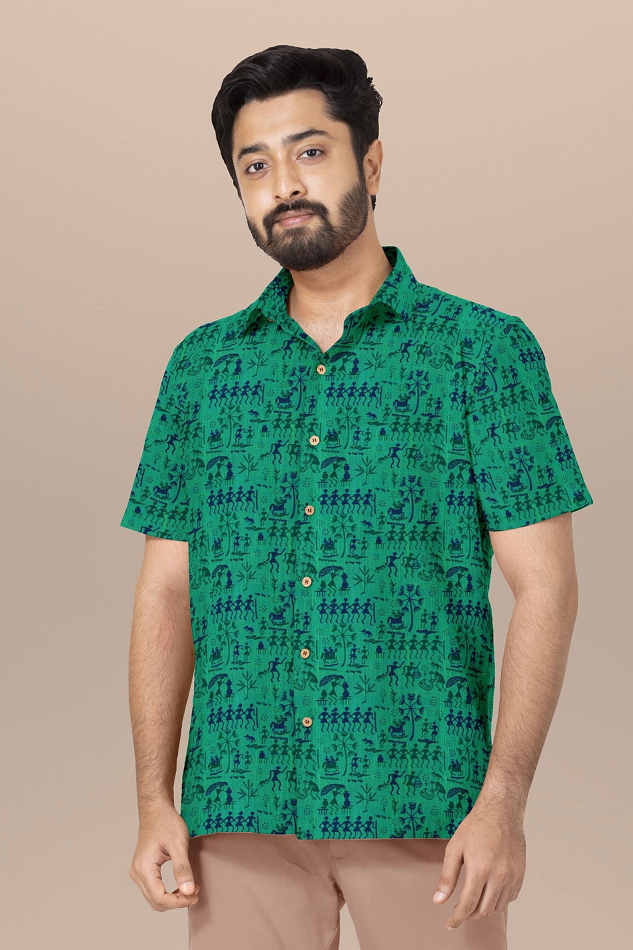  Regular Collar With Warli Printed Jade Green Cotton Shirt 