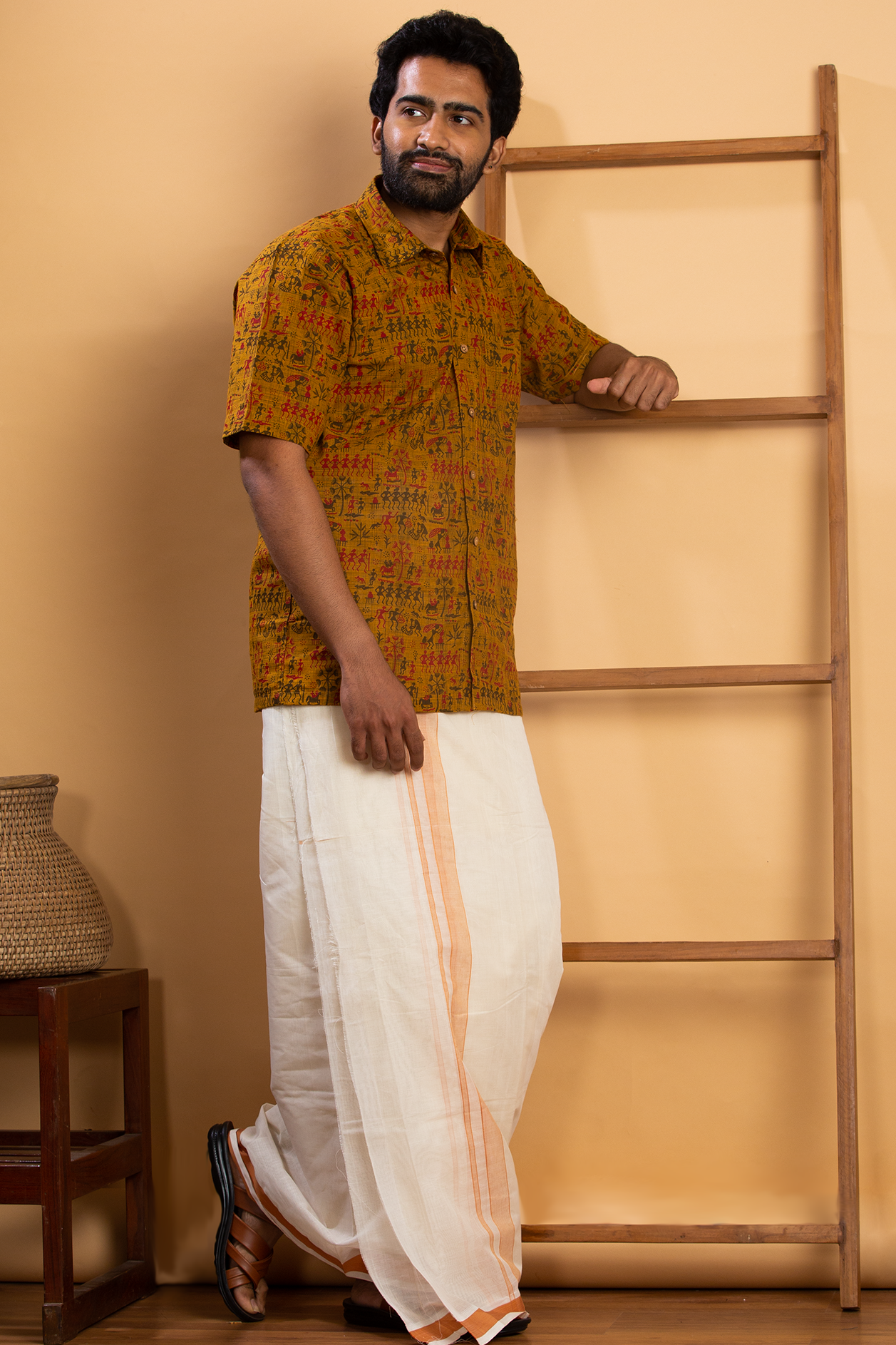  Warli Printed Peanut Brown Cotton Shirt With Dhoti Set 