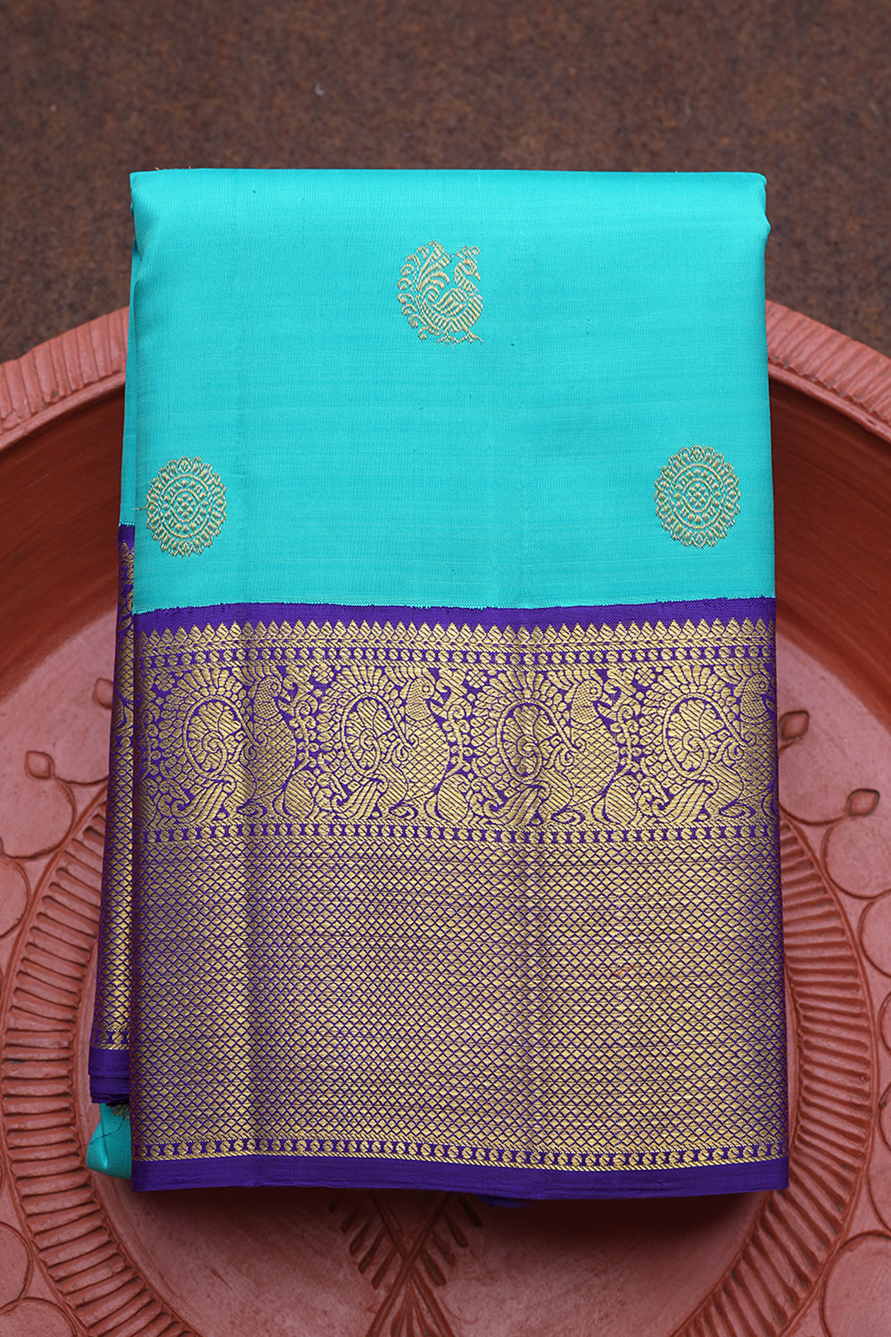  Peacock Floral Motifs Sea Blue Kanchipuram Silk Saree 