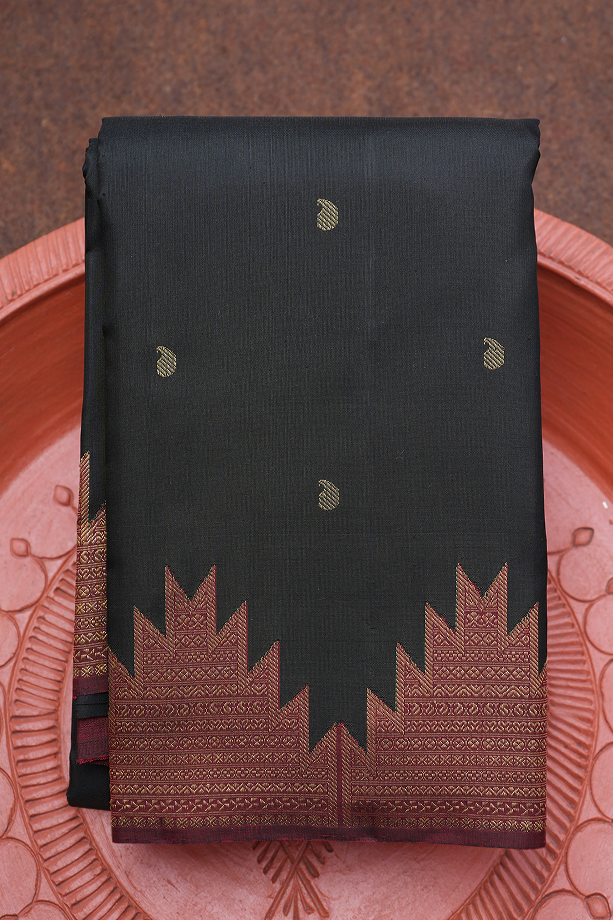  Paisley Zari Buttis Black Kanchipuram Silk Saree 