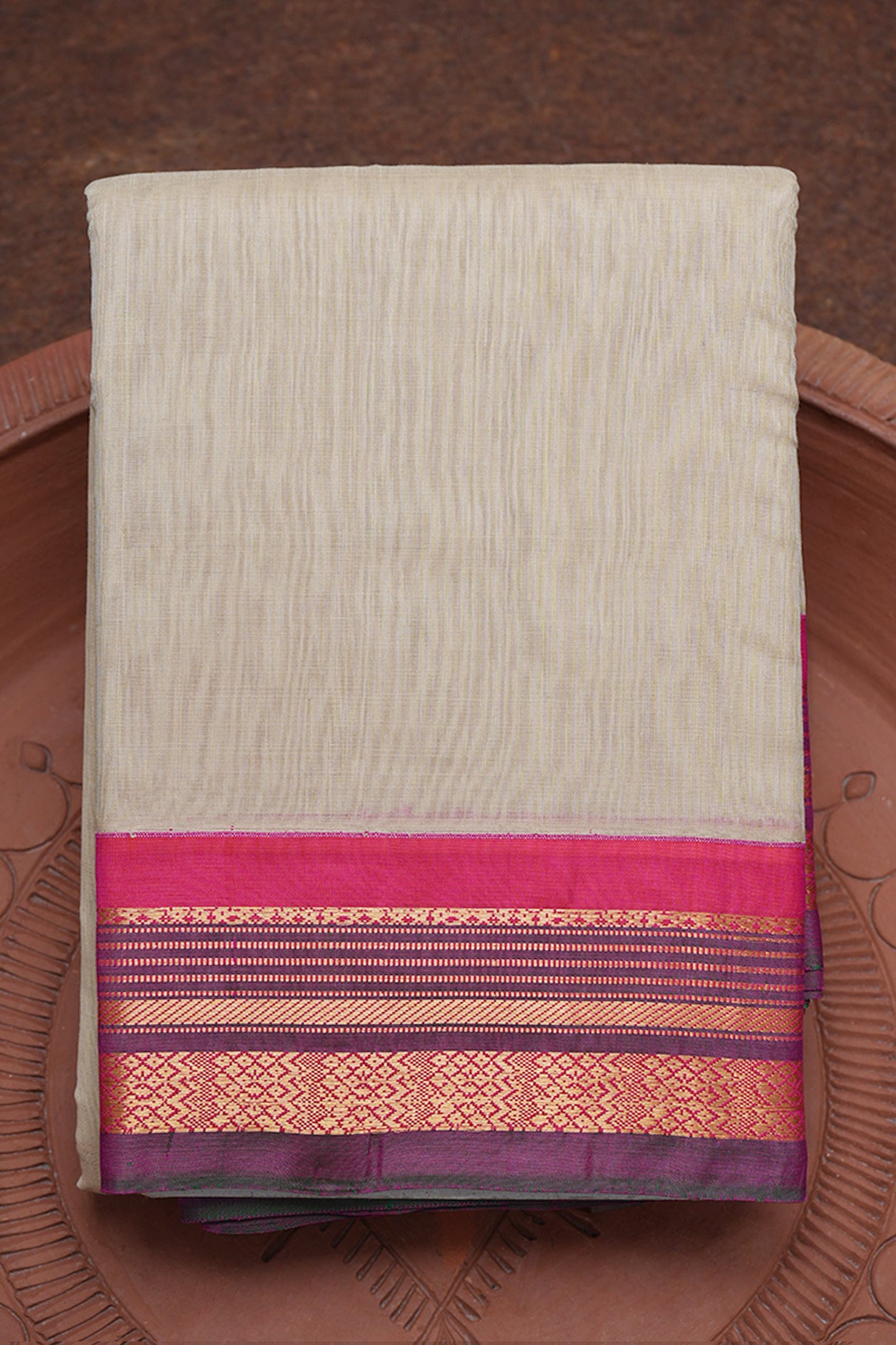  Traditional Korvai Zari Border Plain Beige Gadwal Silk Cotton Saree 