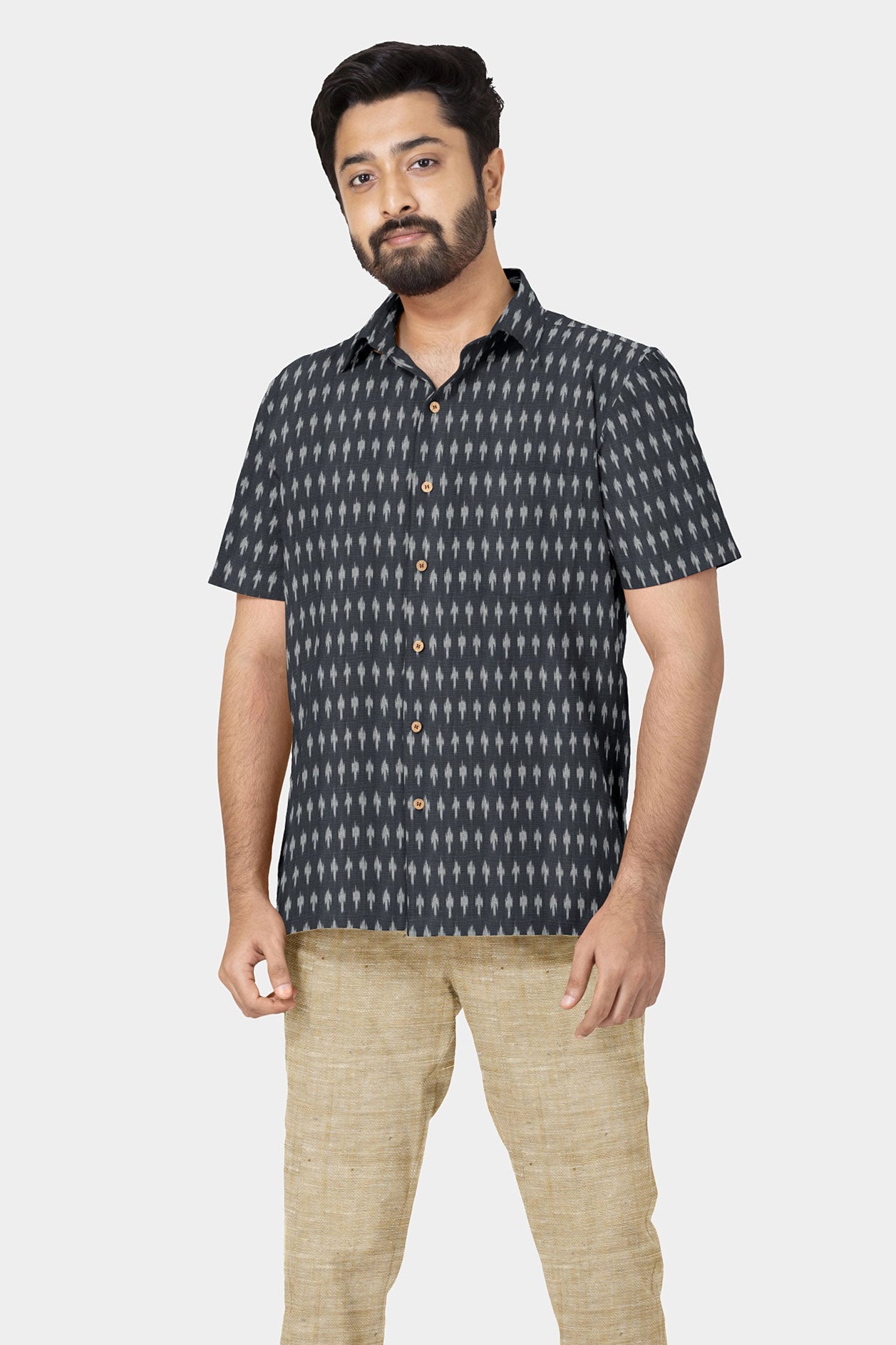  Regular Collar Ikat Design Charcoal Grey Cotton Shirt 