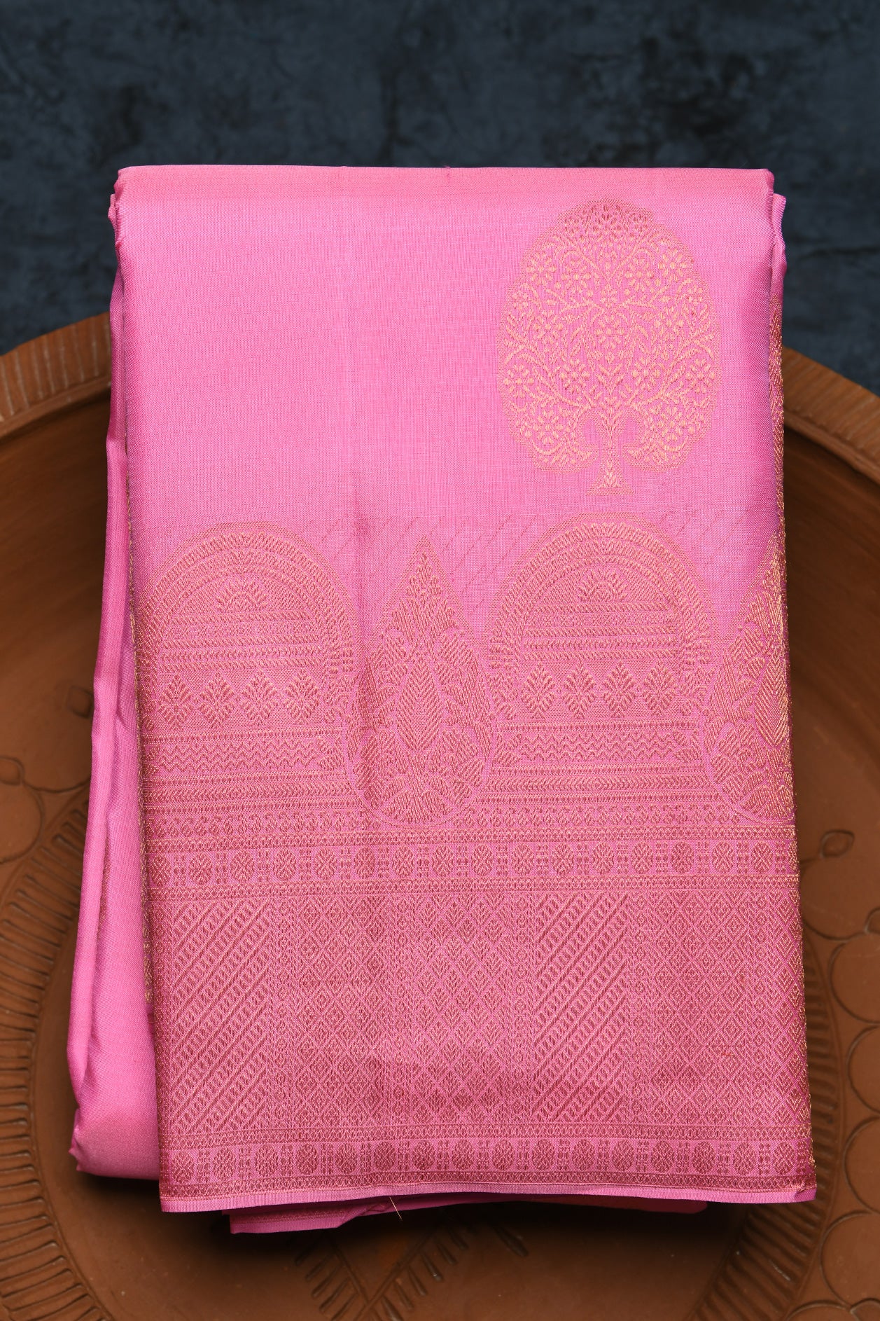  Copper Zari Fancy Border With Tree Motif Rose Pink Kanchipuram Silk Saree 