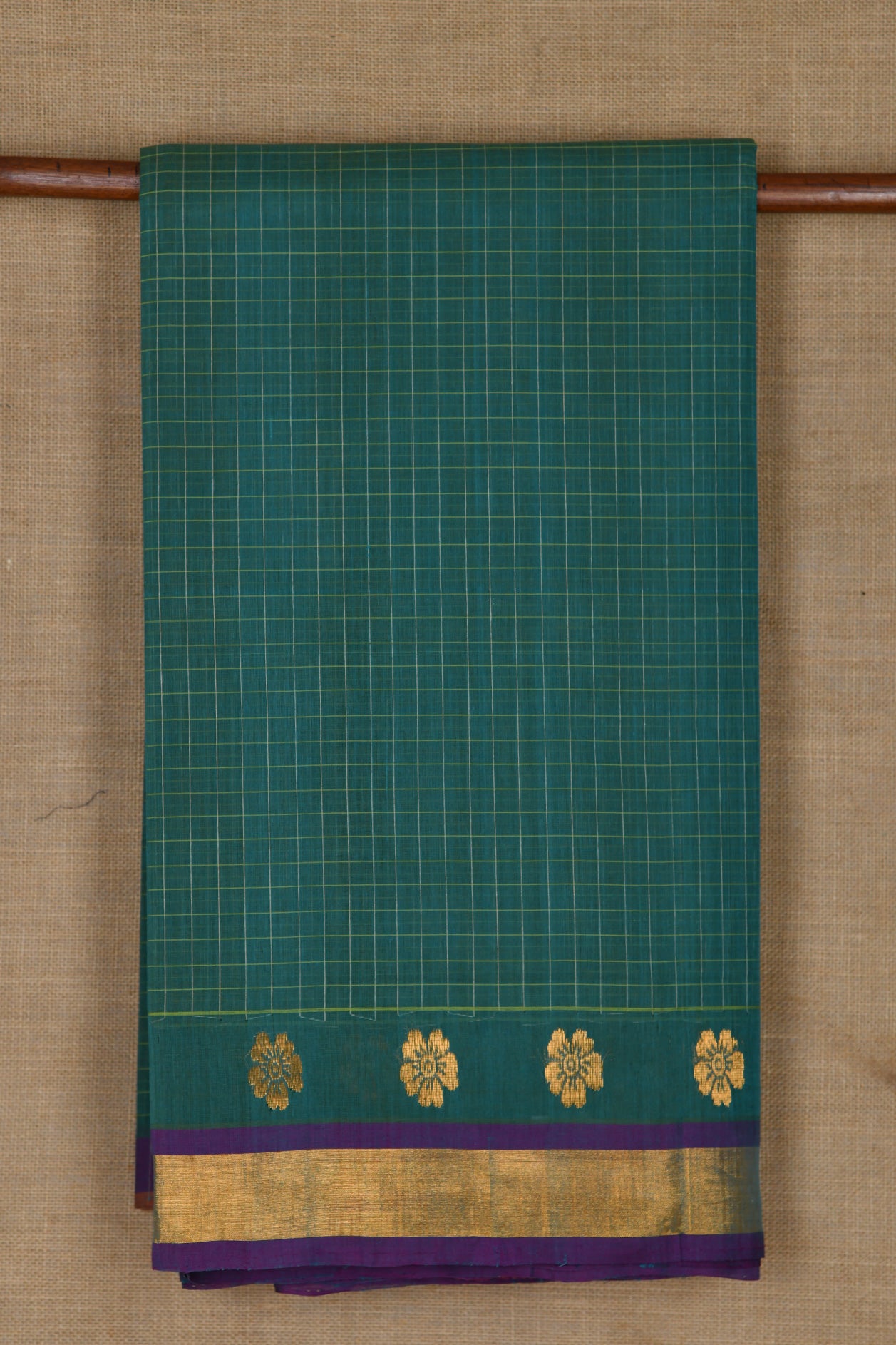  Small Zari Border With Checks Teal Green Venkatagiri Cotton Saree 