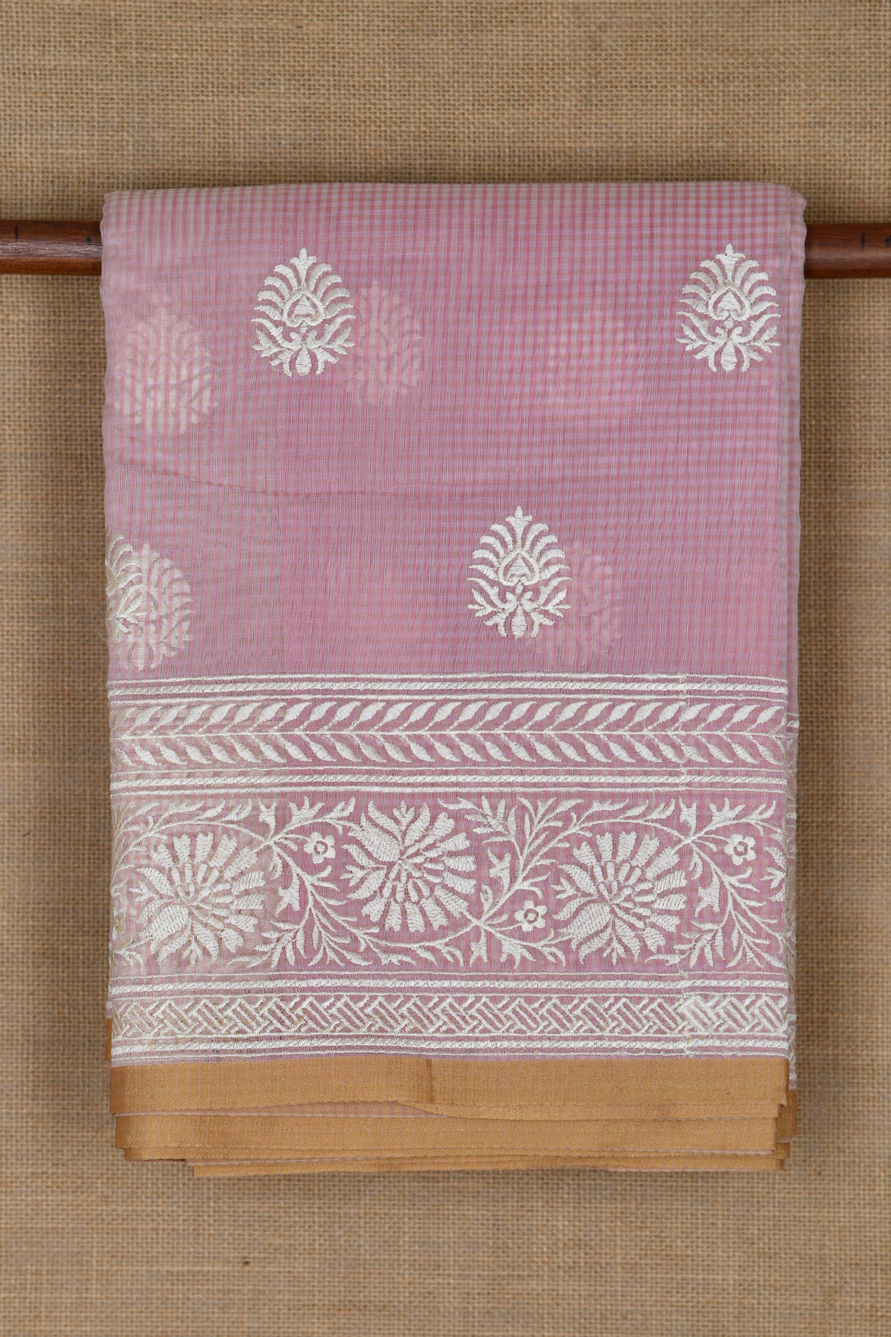  Embroidered Floral Border With Butta Pastel Pink Semi Banaras Cotton Saree 