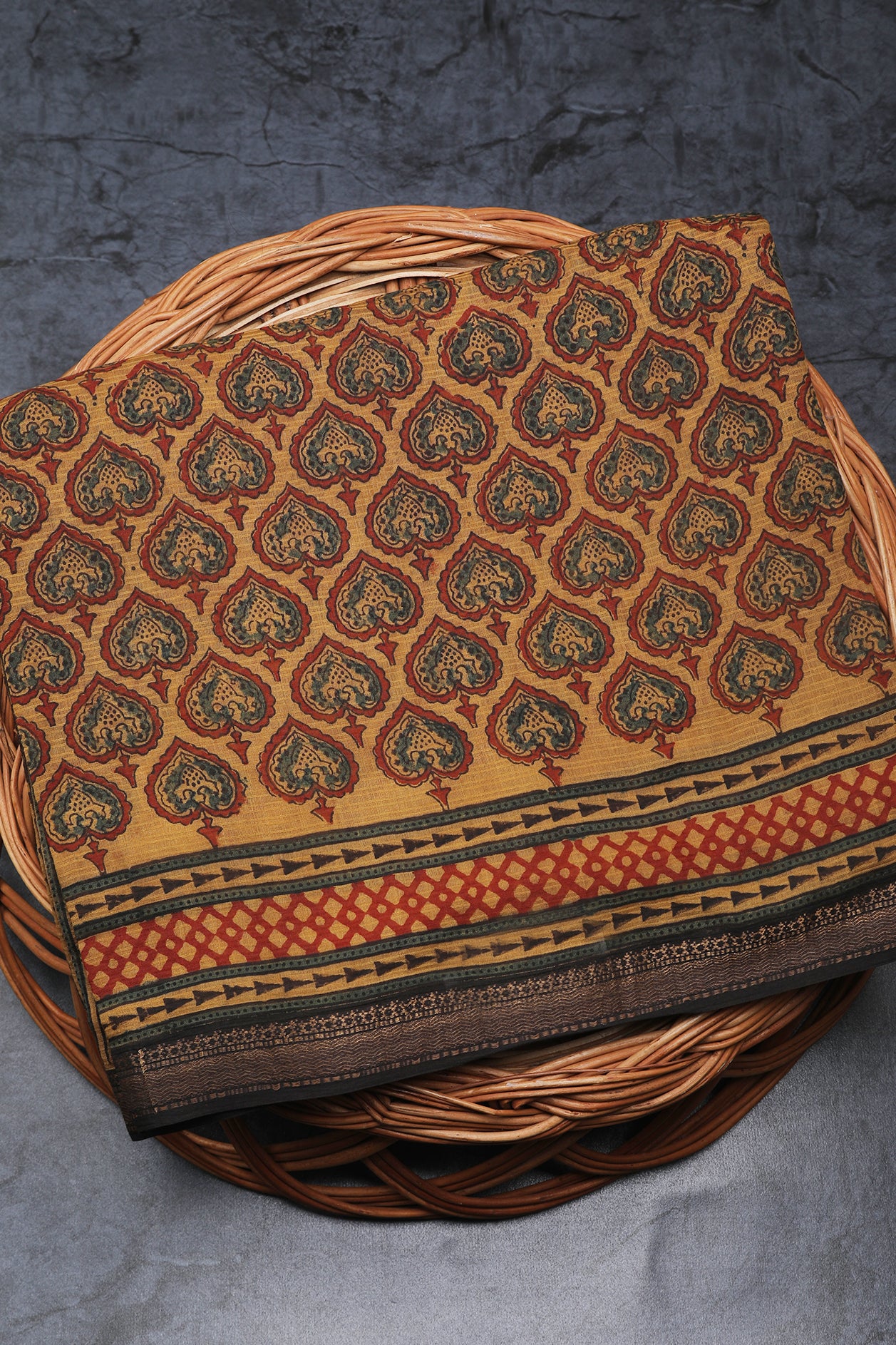  Spade Design Biscuit Brown Ajrakh Hand Block Printed Cotton Saree 