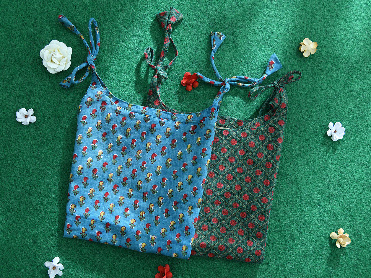  Assorted With Tie-Up Set Of 2 Green Cotton Baby Frock 