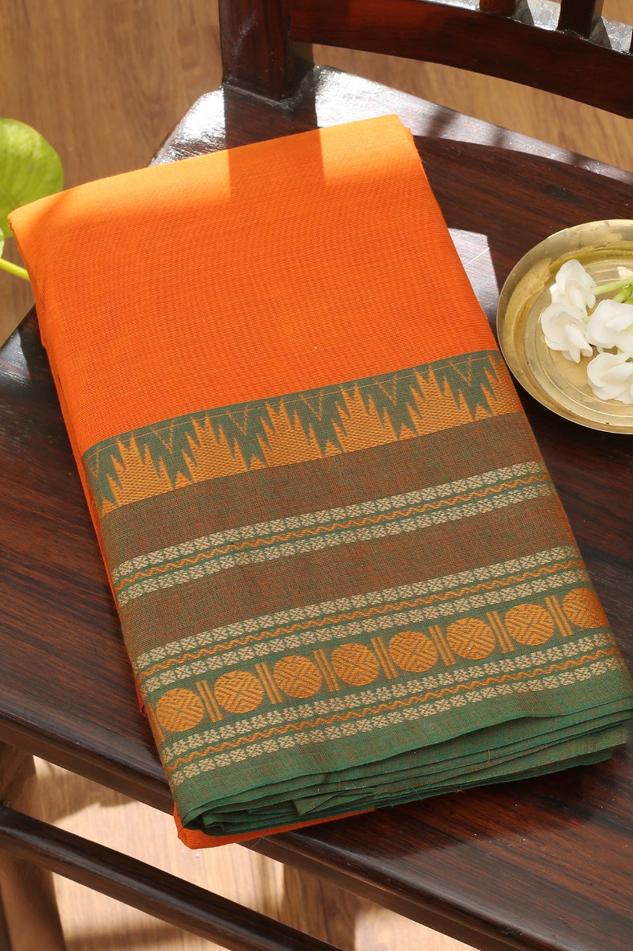  Rudraksh And Temple Border Ochre Orange Chettinadu Cotton Saree 