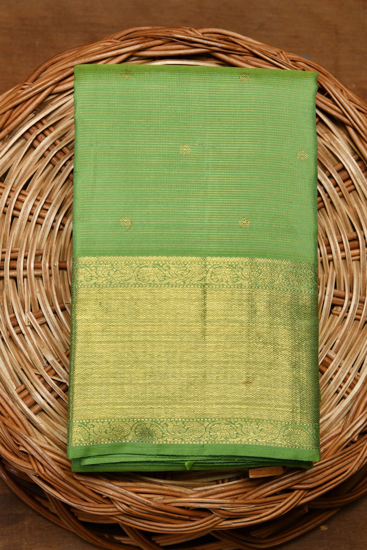  Chevron Border With Buttis Parrot Green Kanchipuram Silk Saree 