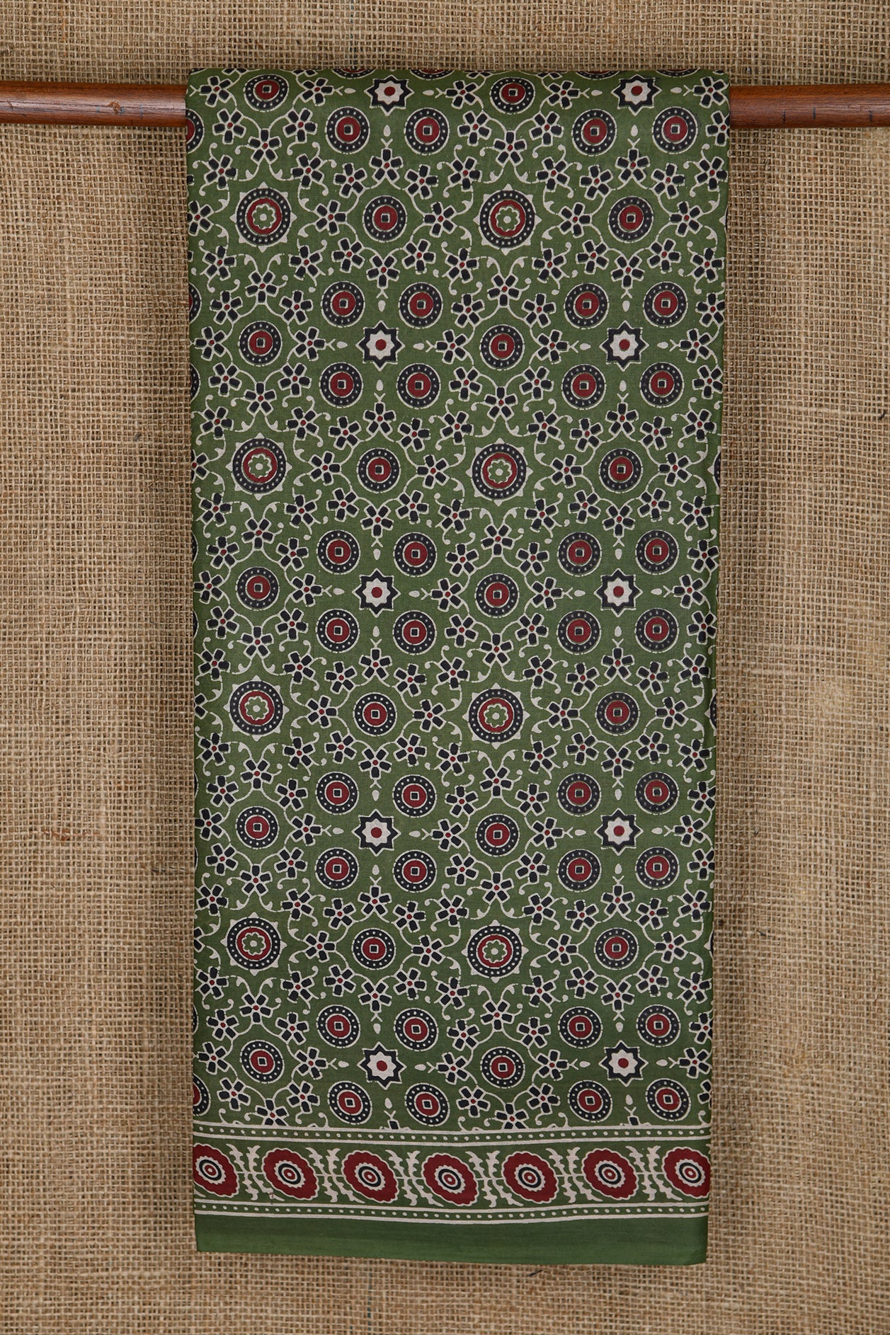  Ajrakh Design Printed Olive Green Ahmedabad Cotton Saree 