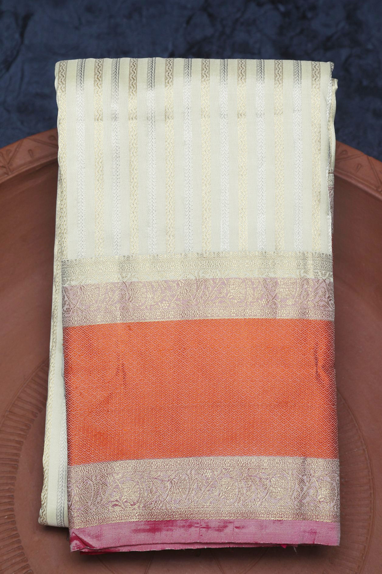  Gold And Silver Zari Stripes Off White Kanchipuram Silk Saree 