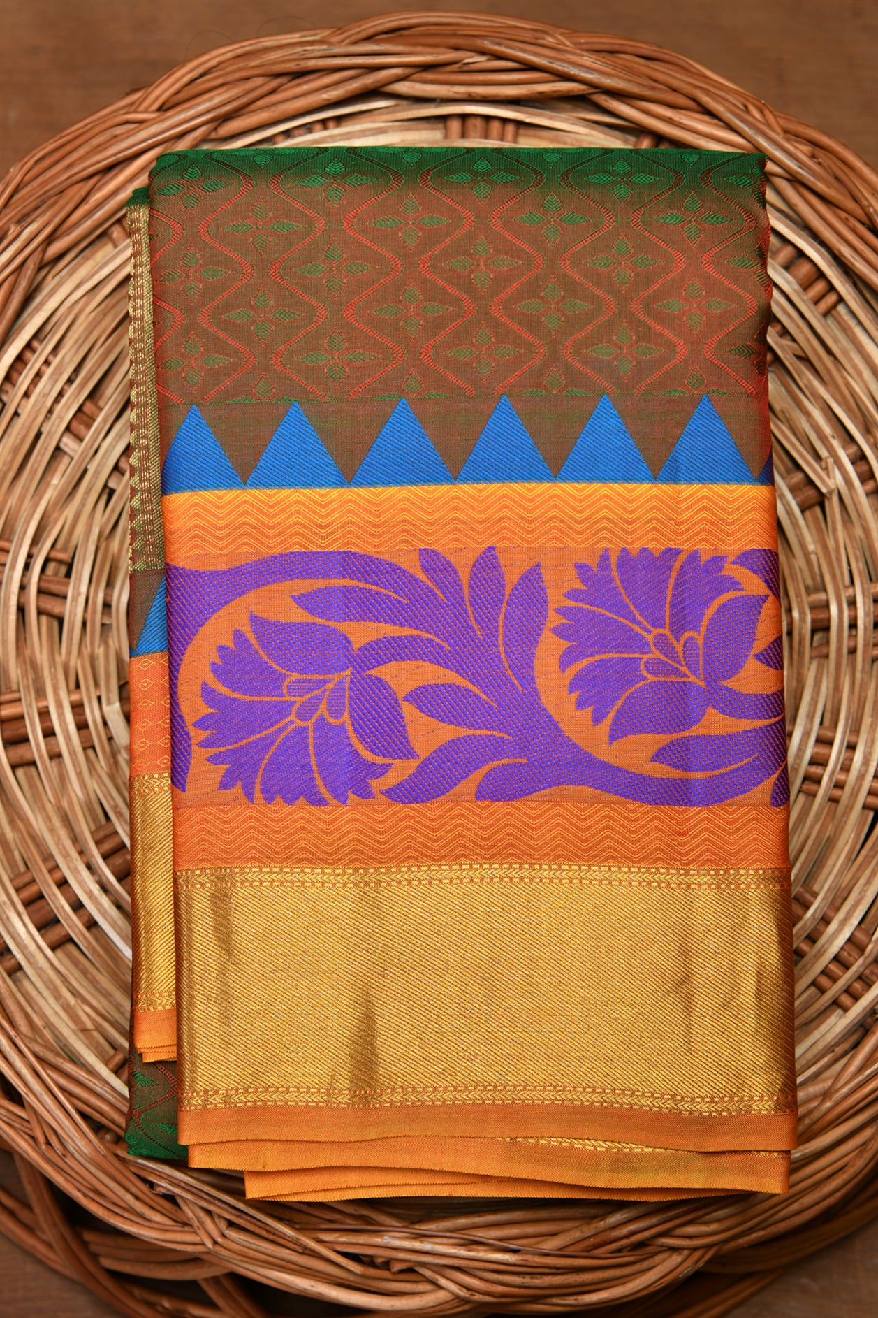  Floral Border Design Brown Kanchipuram Silk Saree 