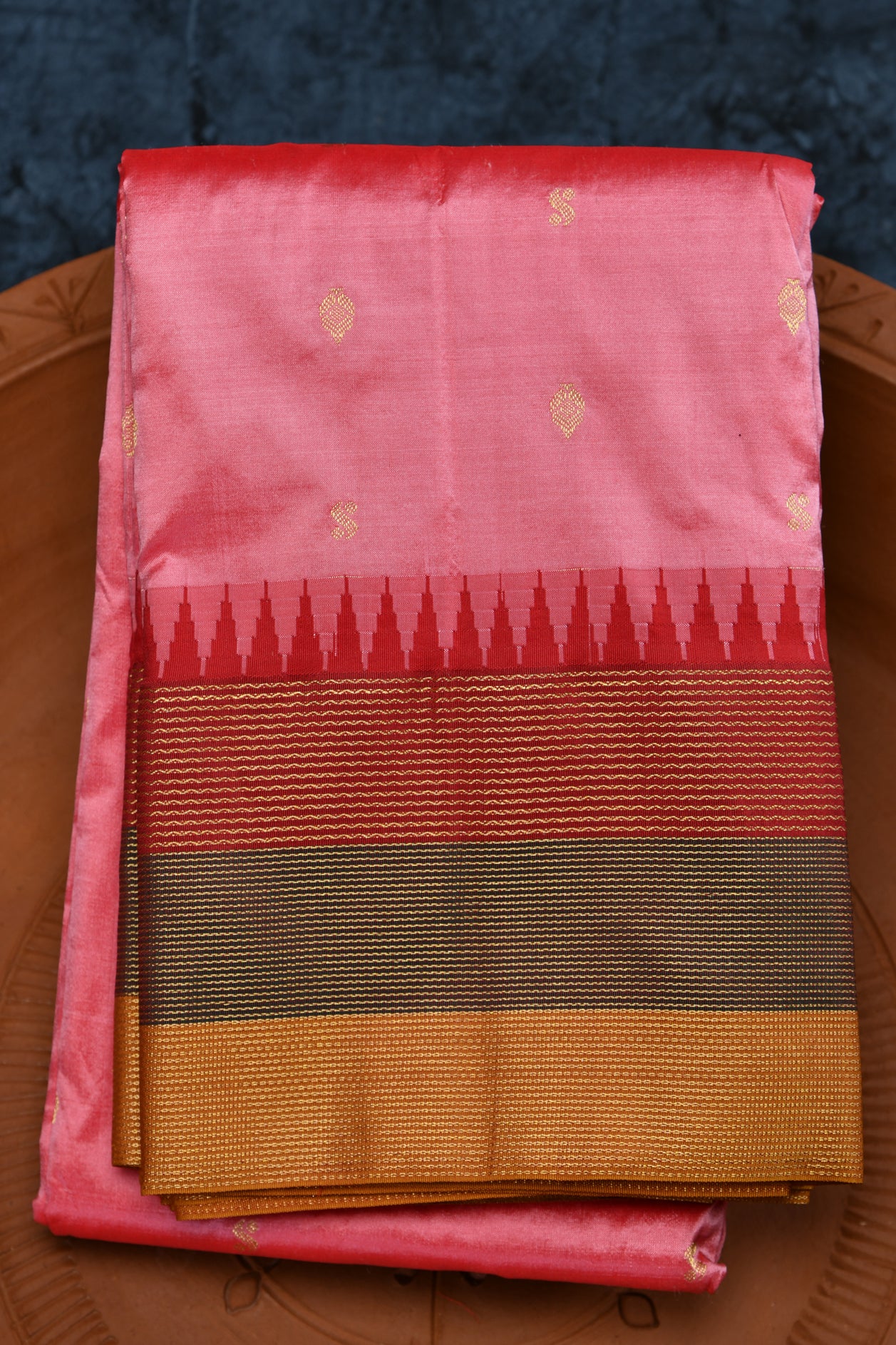  Contrast Border Peach Pink Kanchipuram Silk Saree 