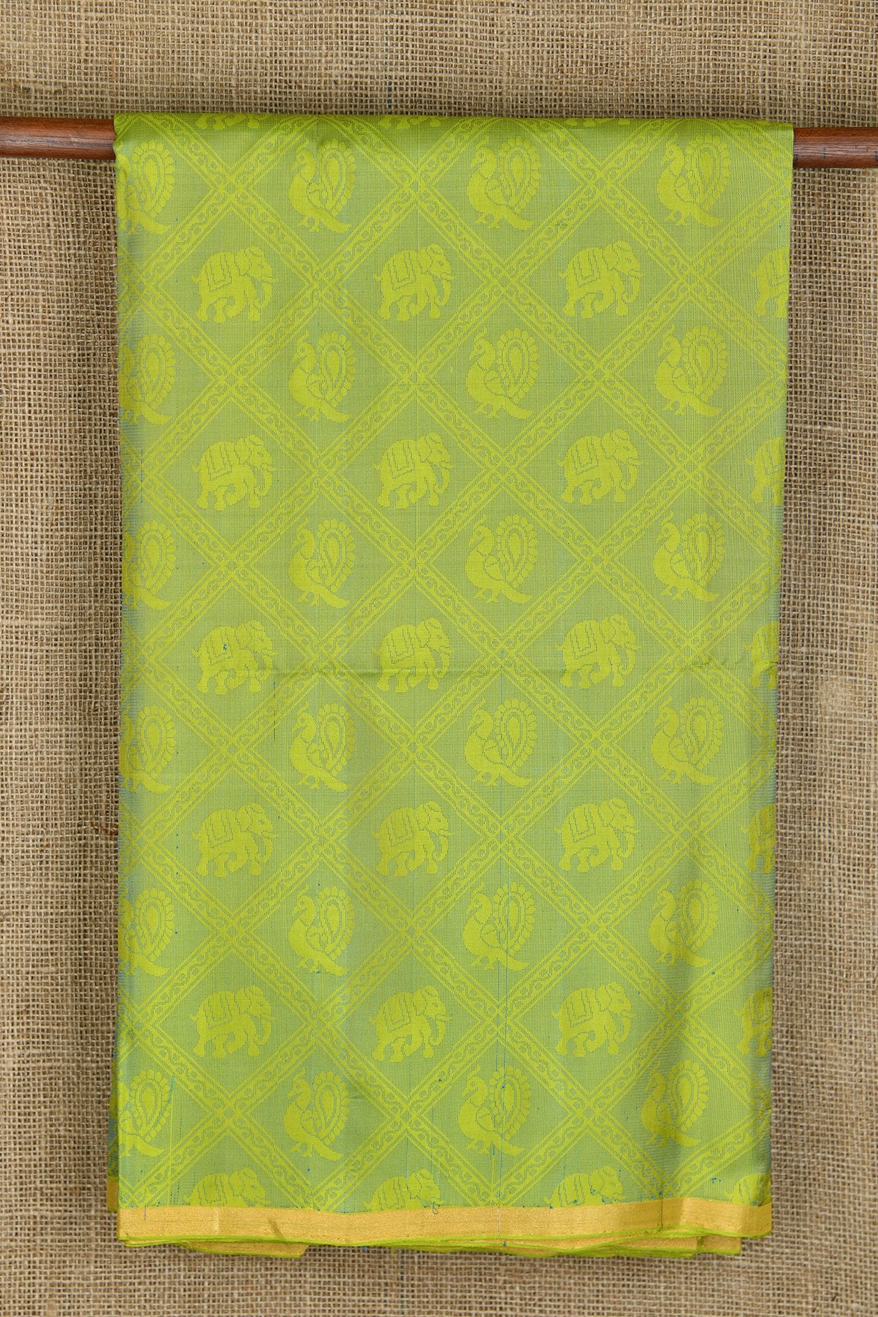  Geometric Pattern And Animal Motifs Lime Green Soft Silk Saree 