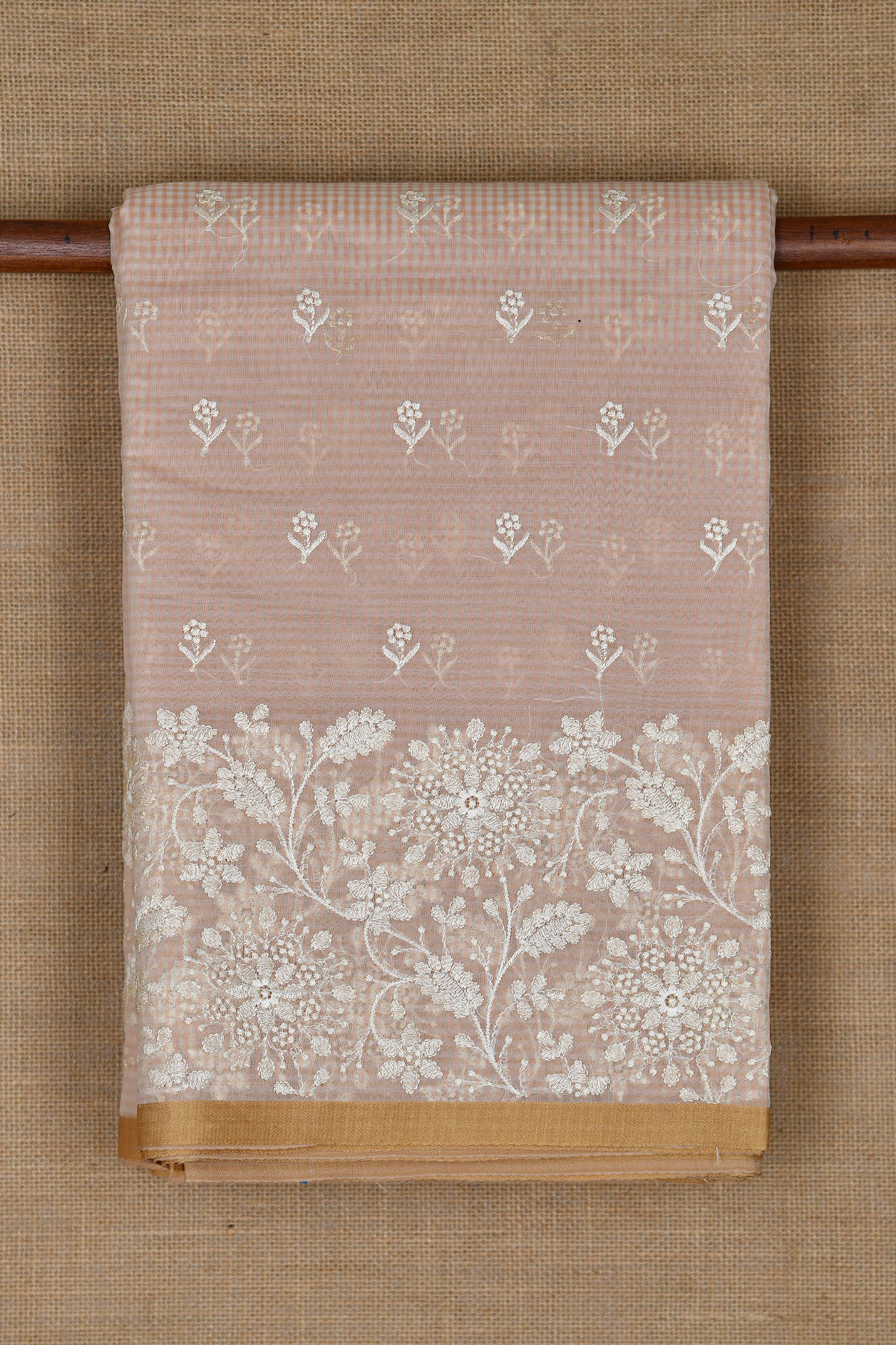  Embroidered Floral Border With Buttis Beige Semi Banaras Cotton Saree 