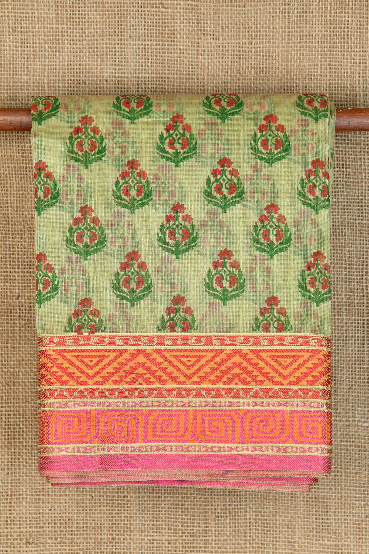  Geometric Design Border With Floral Buttis Pista Green Kota Cotton Saree 