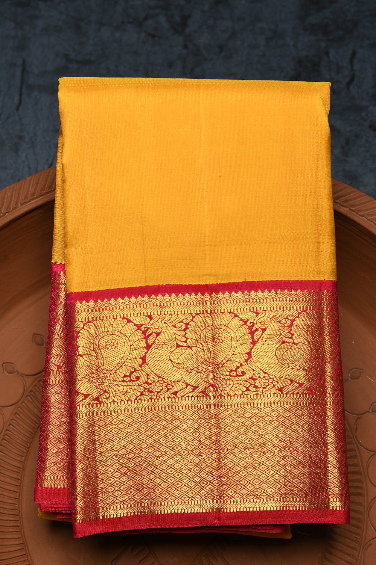  Contrast Big Border In Plain Mango Yellow Kanchipuram Silk Saree 