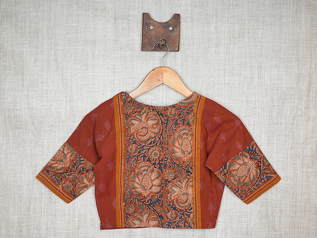 Boat Neck Rust Orange Ikat Cotton Readymade Blouse – Sundari Silks