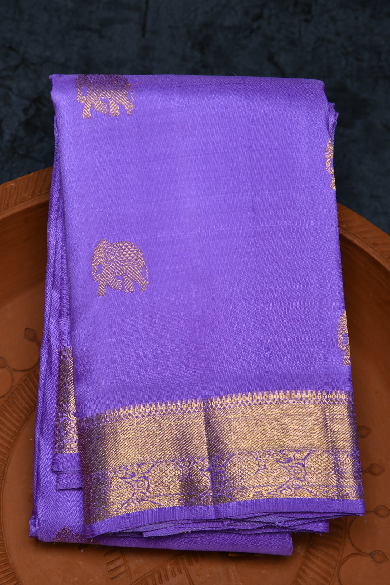  Peacock Zari Border With Elephant Motif Lavendar Kanchipuram Silk Saree 