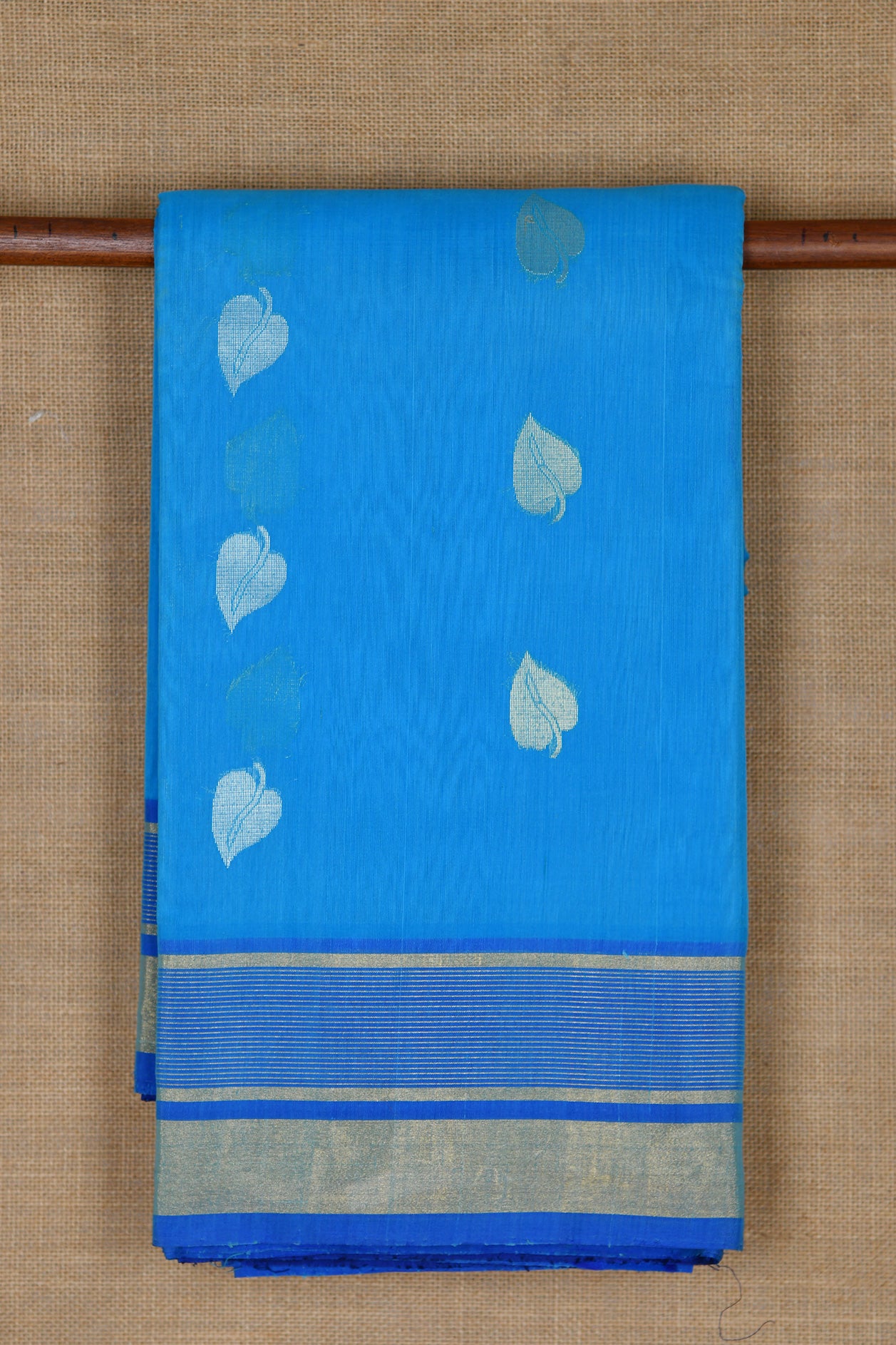  Striped Zari Border With Leaf Motif Sky Blue Kora Silk Cotton Saree 