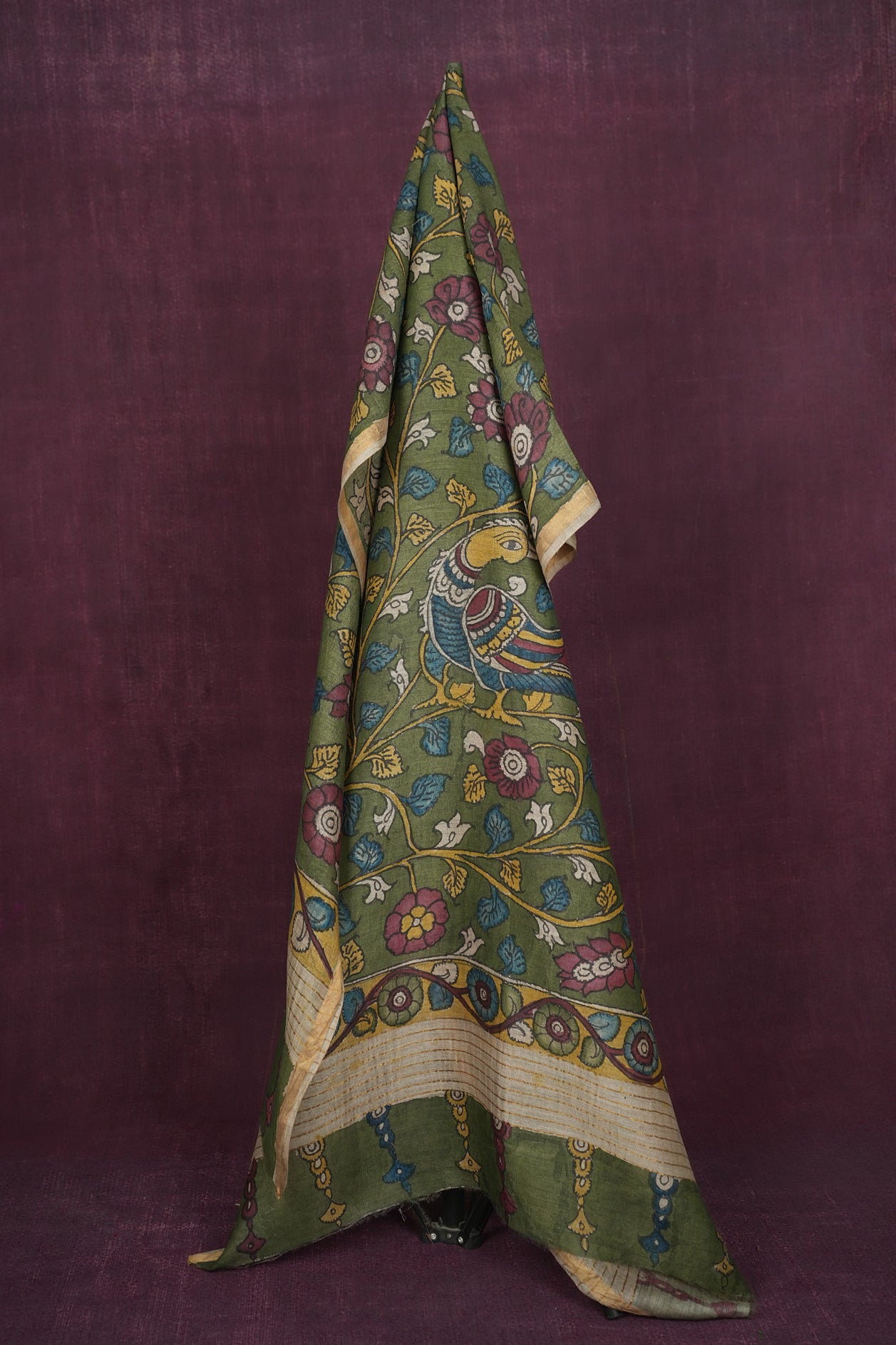  Kalamkari Floral Design Forest Green Chanderi Silk Dupatta 