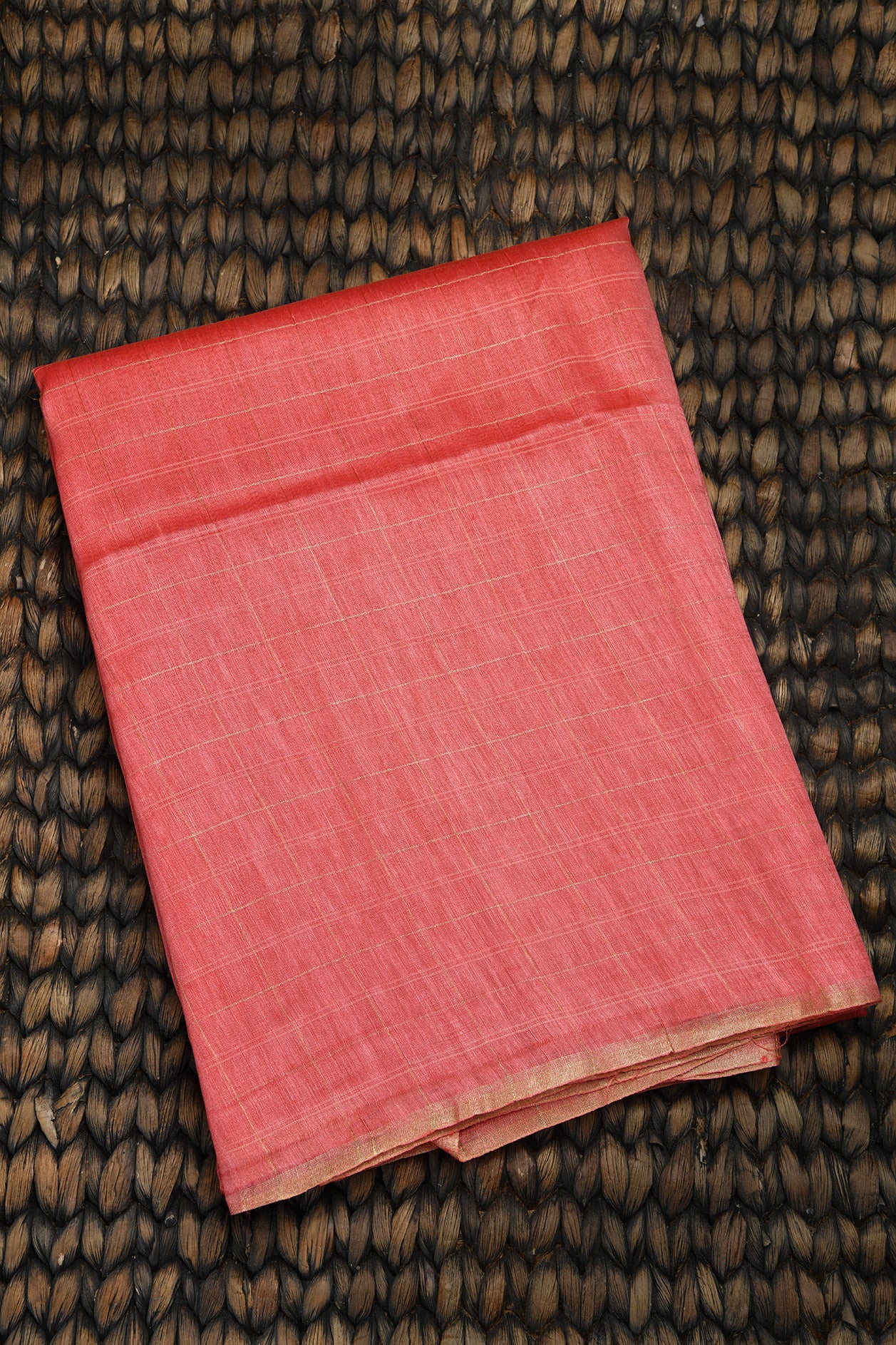  Checked Dark Peach Pink Linen Saree 