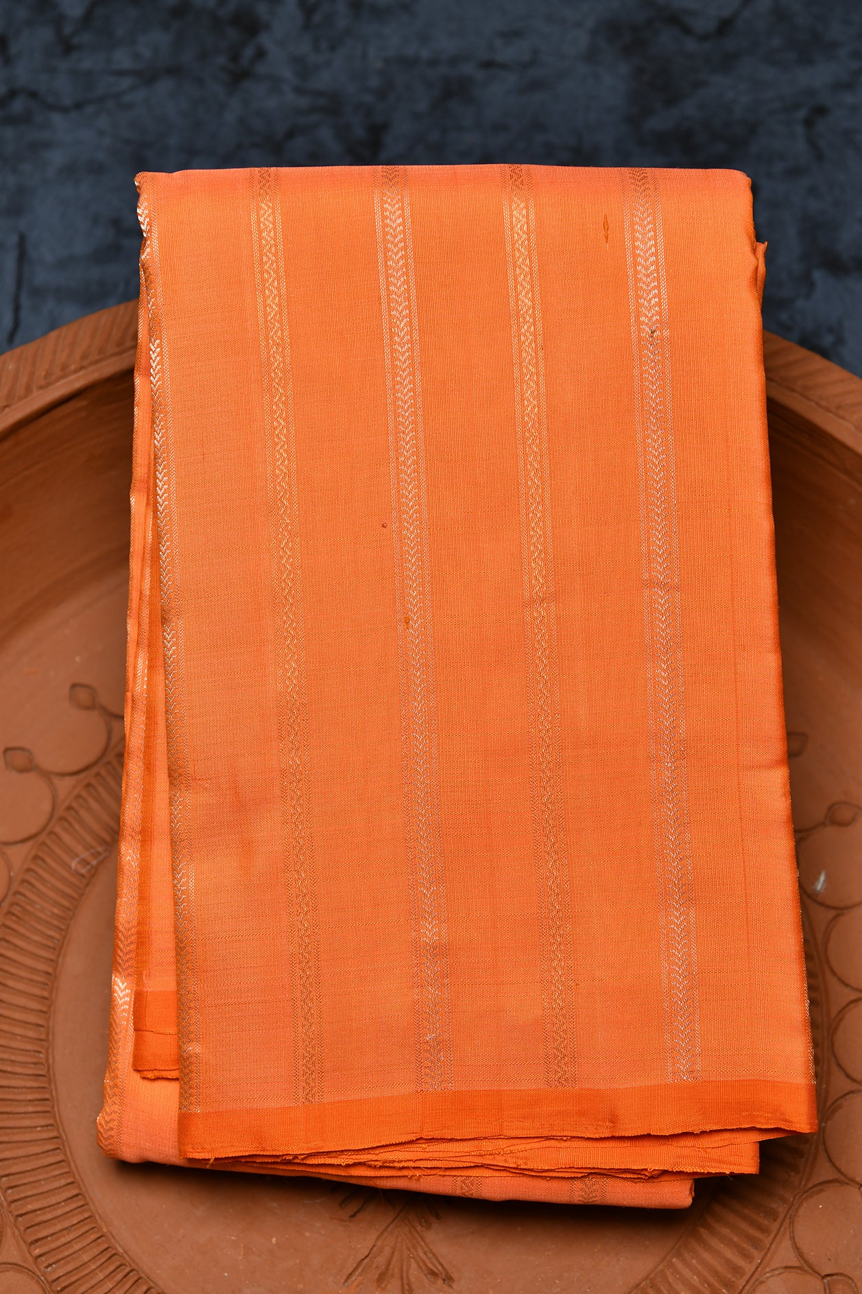  Gold And Silver Zari Stripes Bright Orange Kanchipuram Silk Saree 