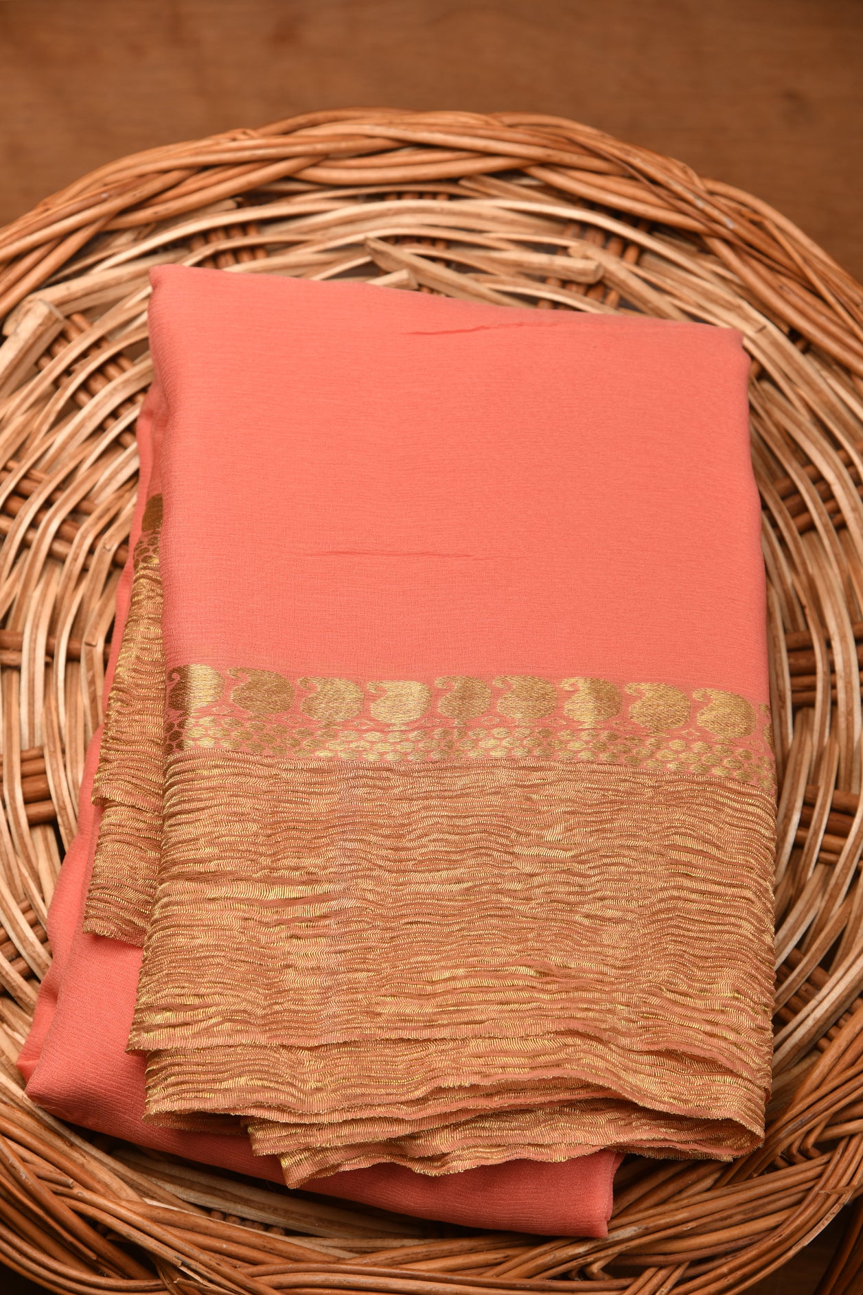  Crushed Border Dark Peach Chiffon Saree 