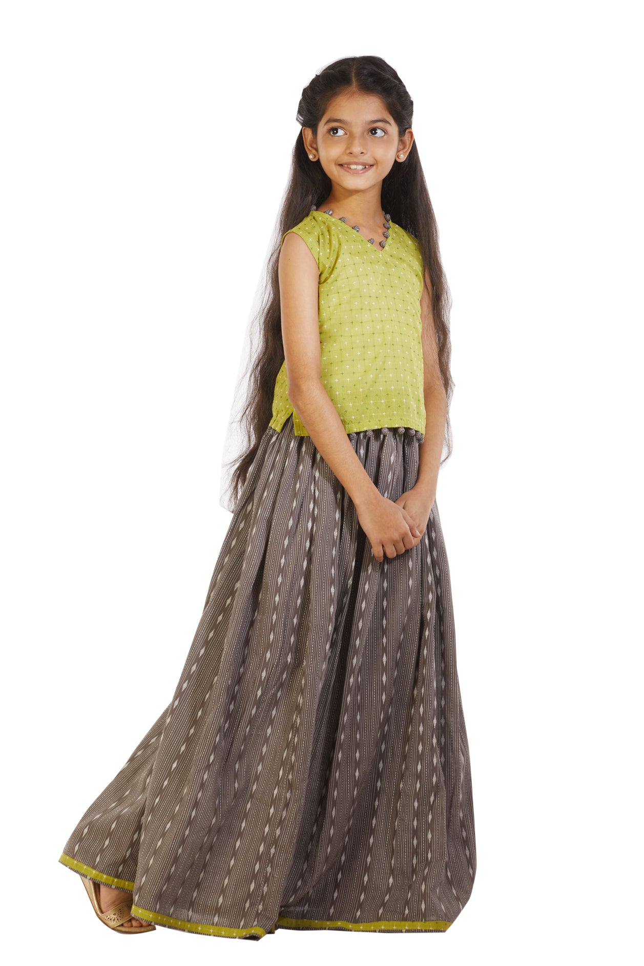  V Neck Potli Button Detailing Pear Green And Grey Sleeveless Dobby Cotton Pavadai Sattai 