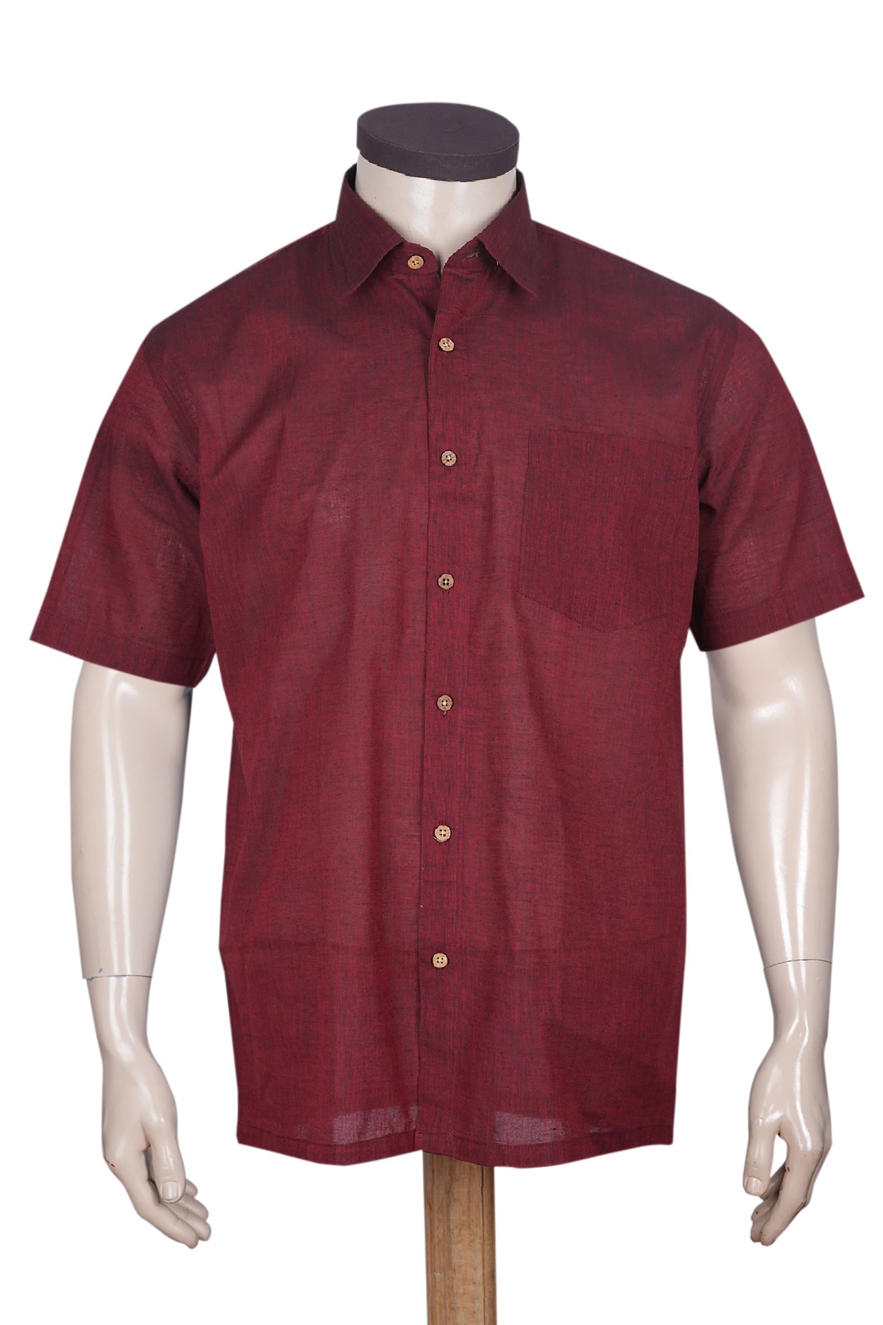  Regular Collar Solid Berry Red Cotton Shirt 