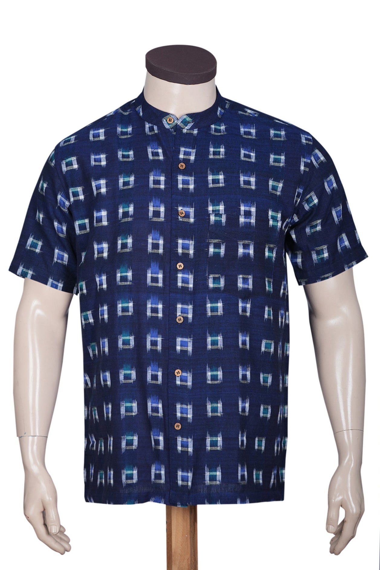  Chinese Collar Navy Blue Ikat Cotton Shirt 