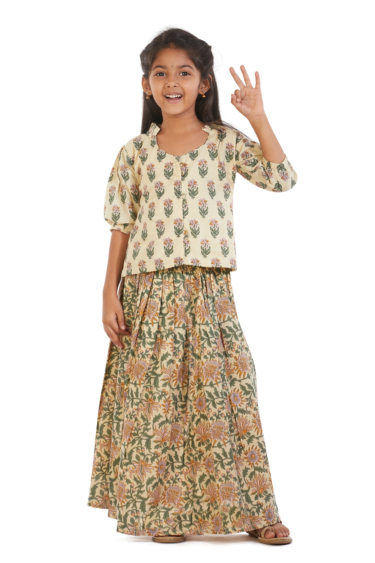  Pleated Neck And Sleeves Beige Block Printed Jaipur Cotton Pavadai Sattai 