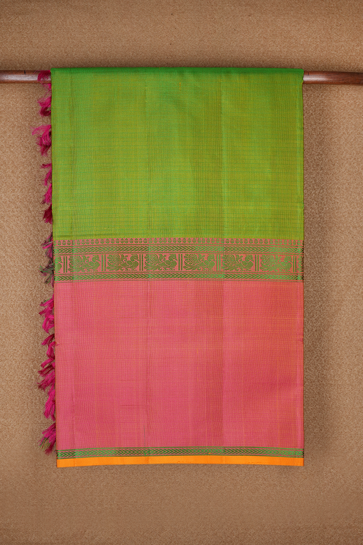  Big Contrast Border Lime Green Soft Kanchipuram Silk Saree 