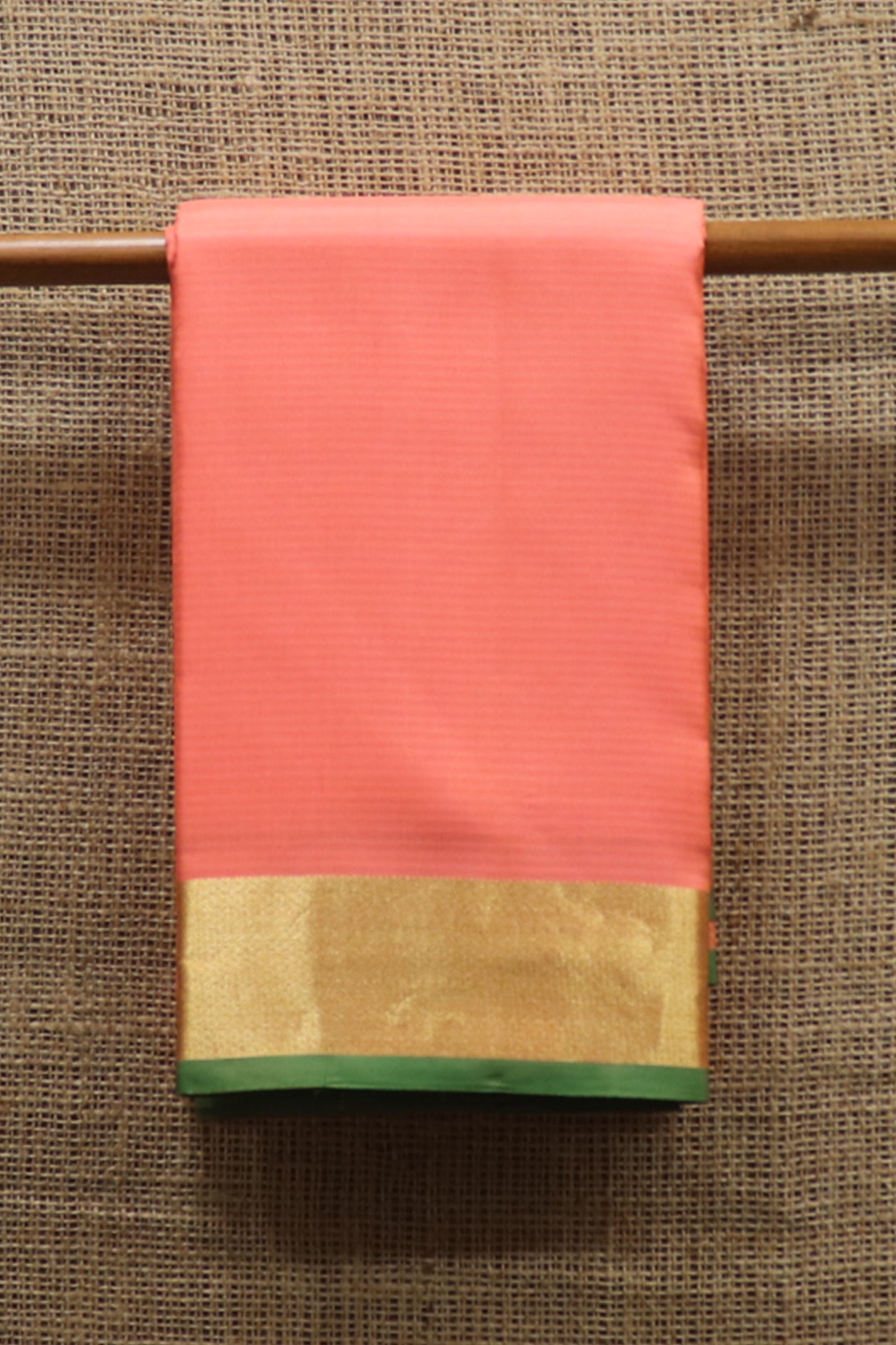  Zari Border Self Striped Salmon Pink Kanchipuram Silk Saree 