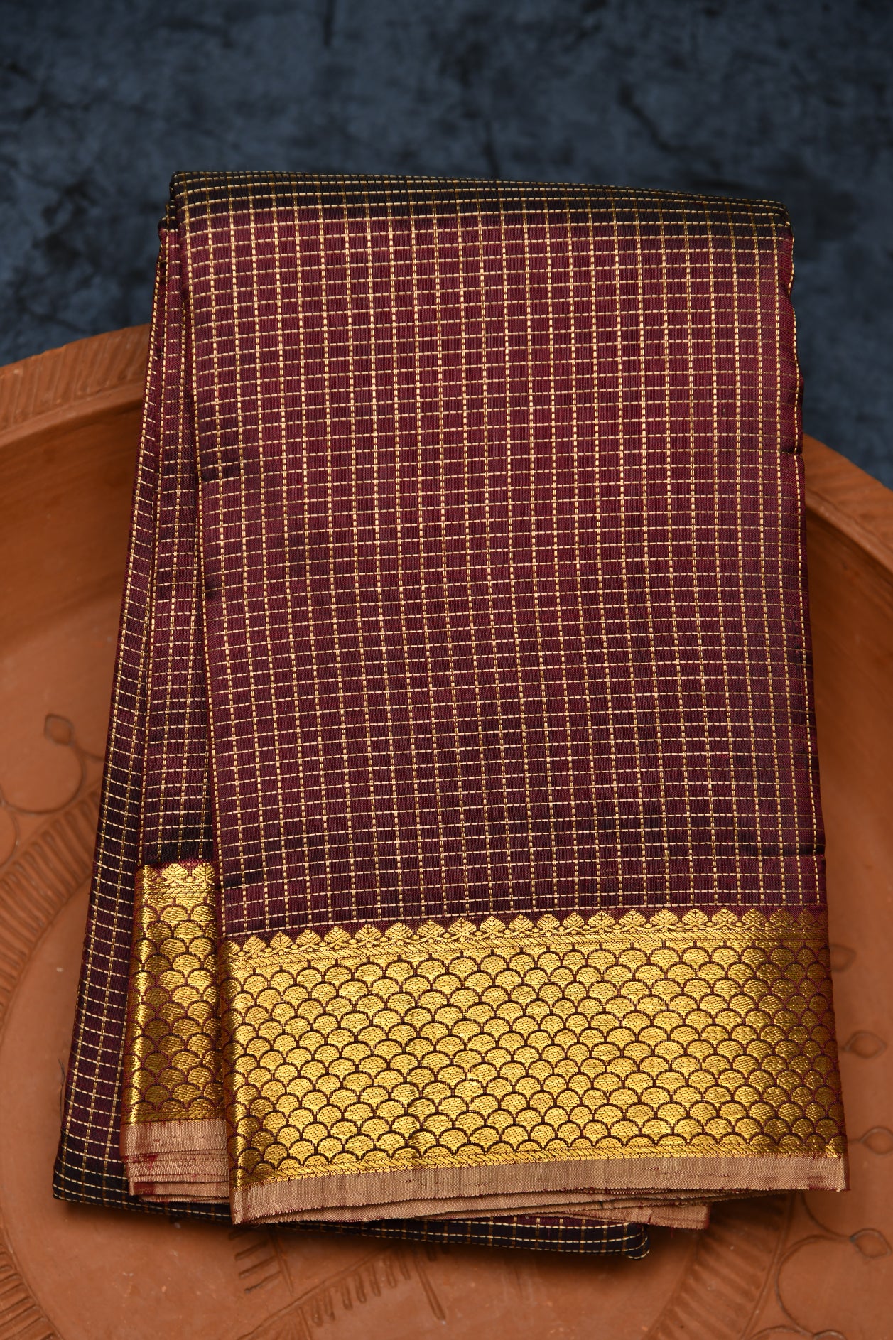  Zari Border With Checks Chocolate Brown Kanchipuram Silk Saree 