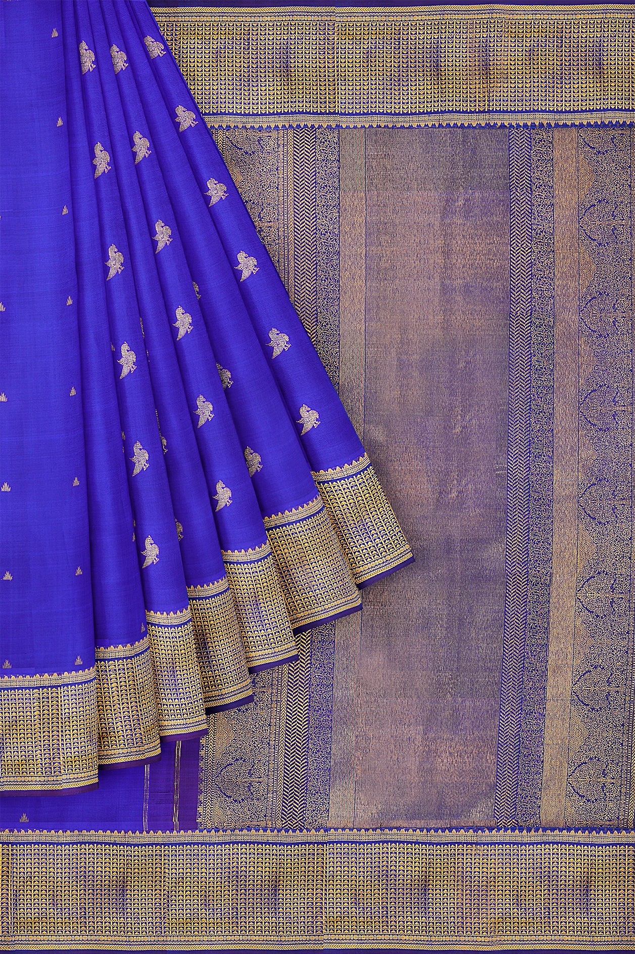  Parrot Temple Zari Motifs Royal Blue Kanchipuram Silk Saree 