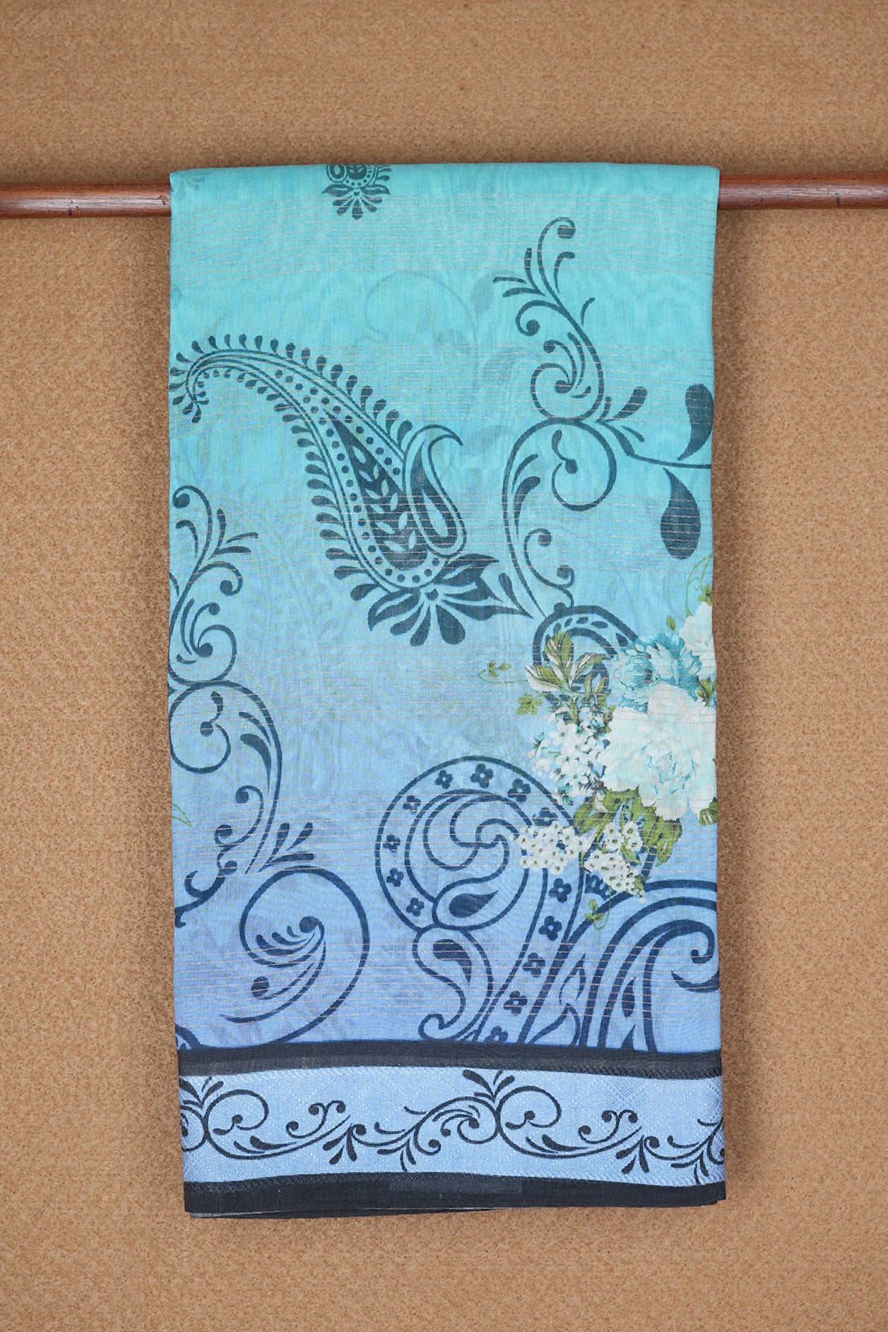  Printed Paisley Motifs Sea Blue Chanderi Silk Cotton Saree 