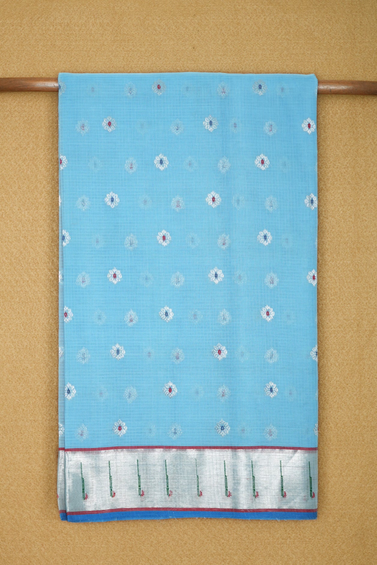  Paithani Border With Silver Zari Buttas Sky Blue Pure Kota Handloom Saree 