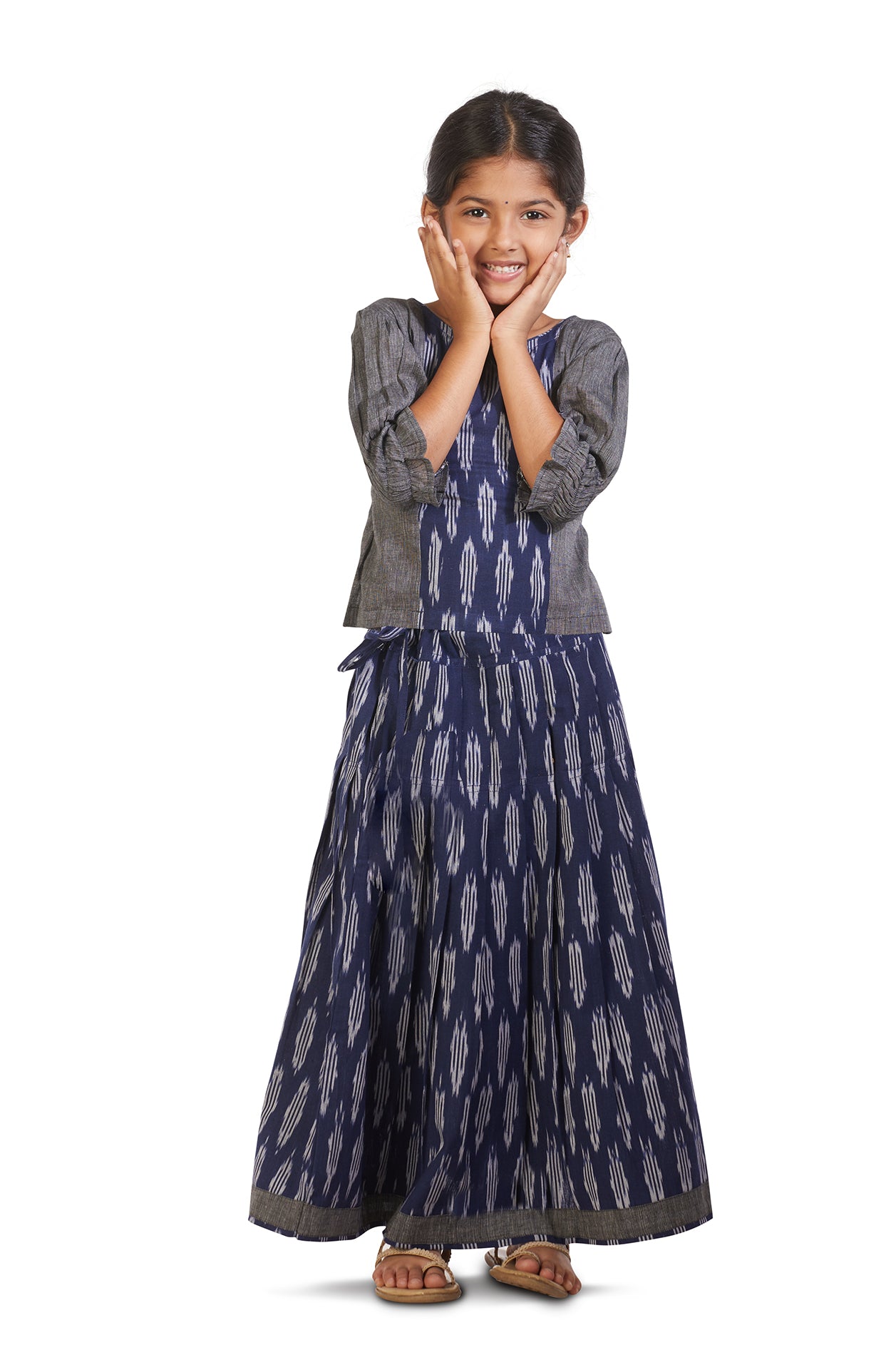  Smocked Sleeves Indigo Blue And Grey Ikat Pavadai Sattai 