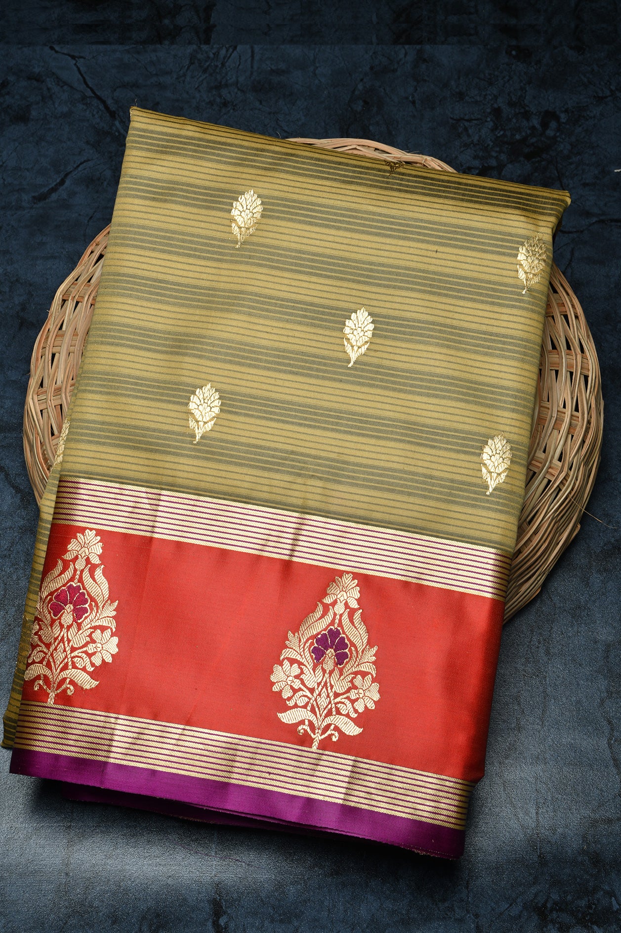  Stripes Mustard and Grey Banaras Silk Saree 