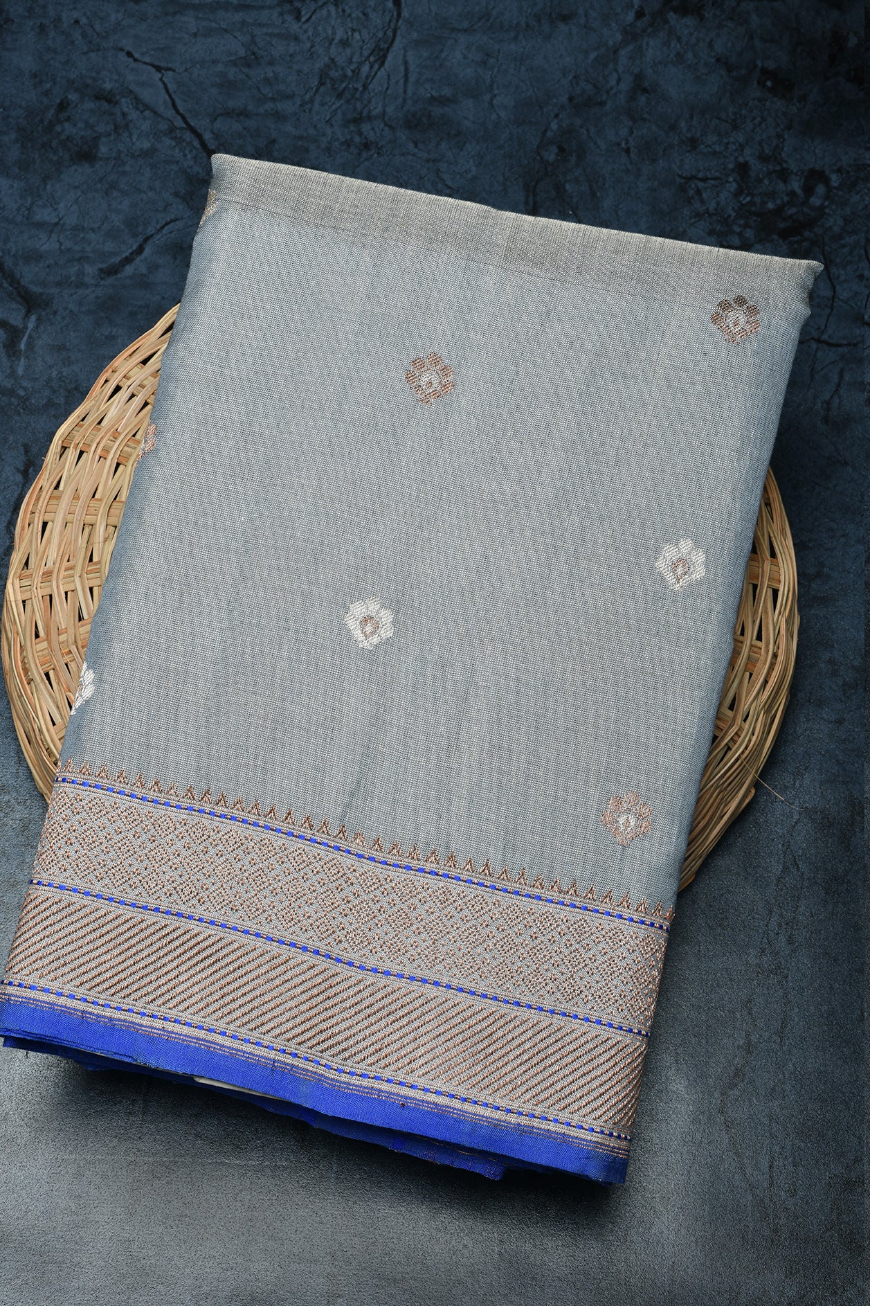  Contrast Border Tissue Grey Banarasi Tussar Silk Saree 