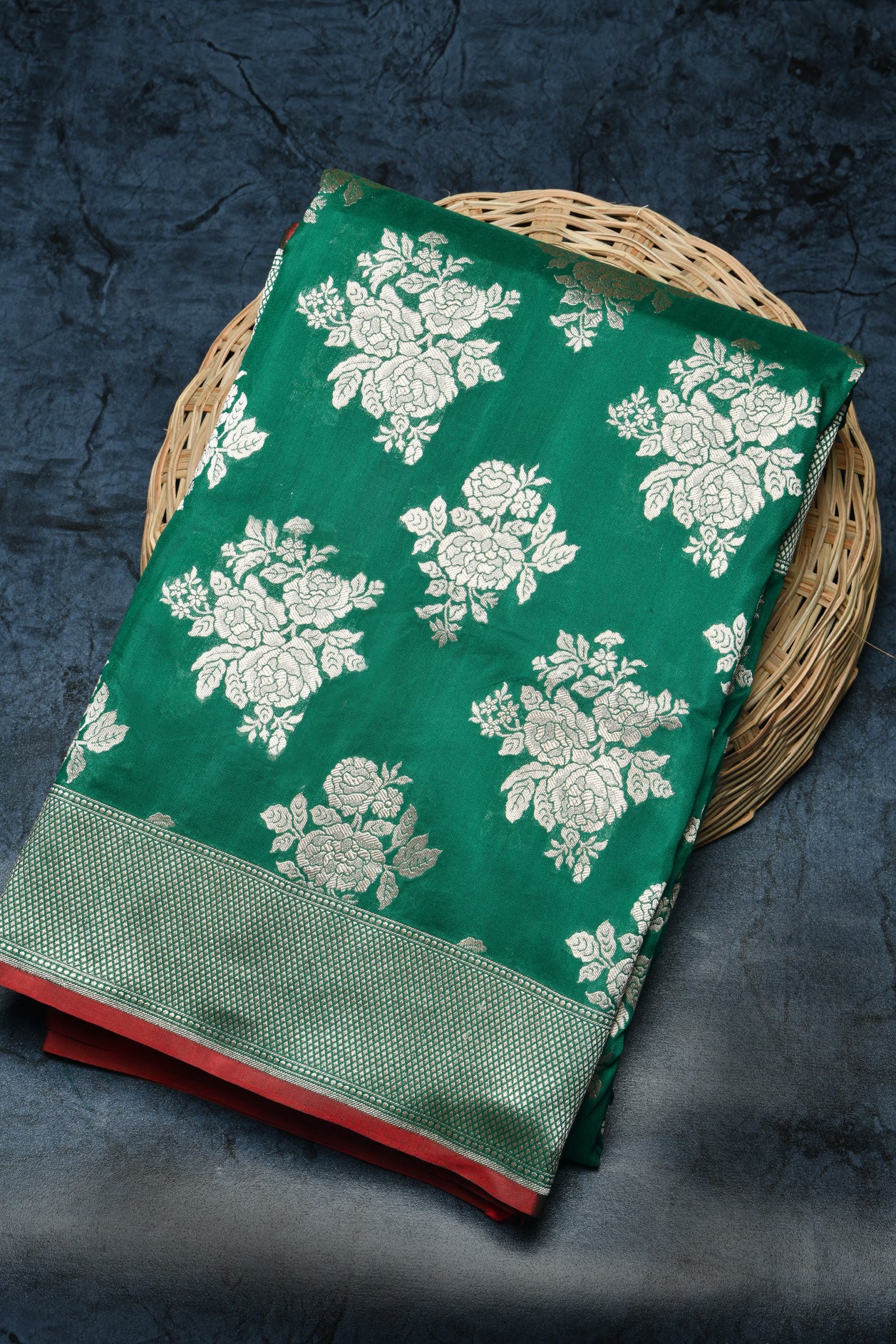  Flower Motif Dark Green Banaras Silk Saree 