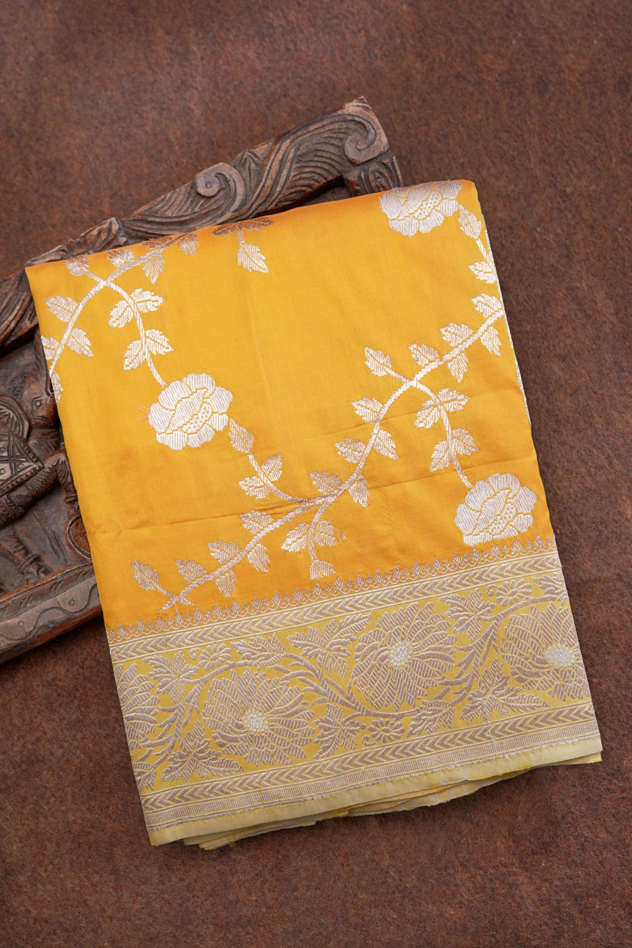  Floral Design Mango Yellow Banarasi Silk Saree 