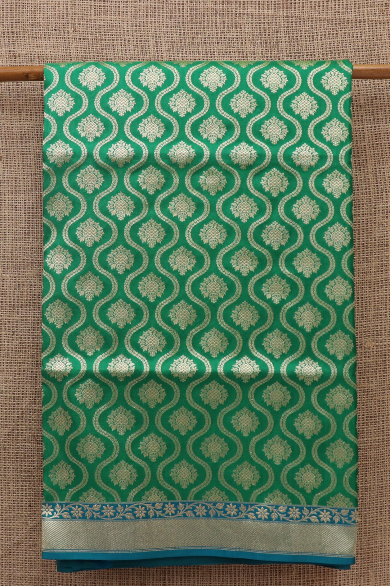  Zari Border With Ogee Pattern And Floral Buttis Green Banaras Silk Saree 