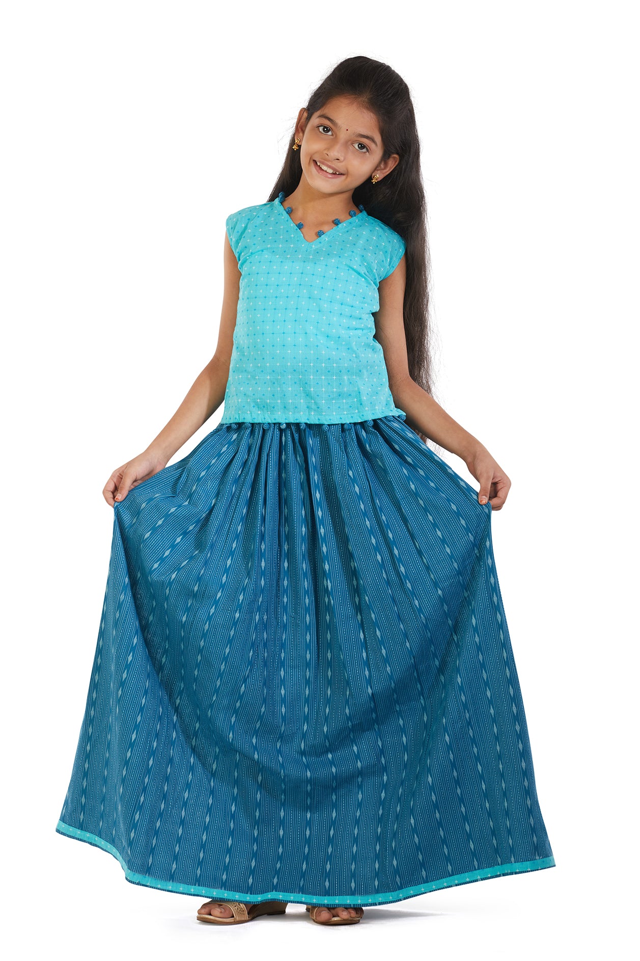  V Neck Potli Button Detailing Sky Blue And Denim Blue Sleeveless Dobby Cotton Pavadai Sattai 