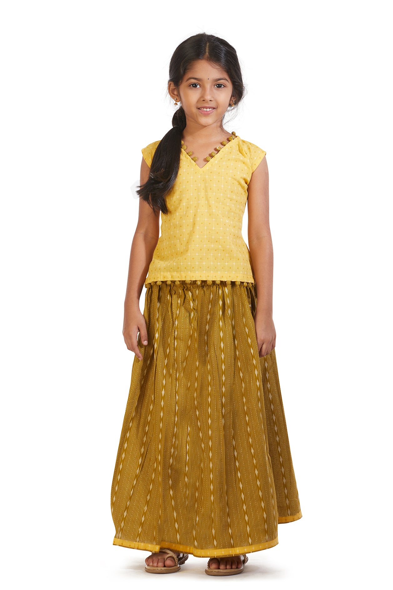  V Neck Potli Button Detailing Yellow And Moss Green Sleeveless Dobby Cotton Pavadai Sattai 