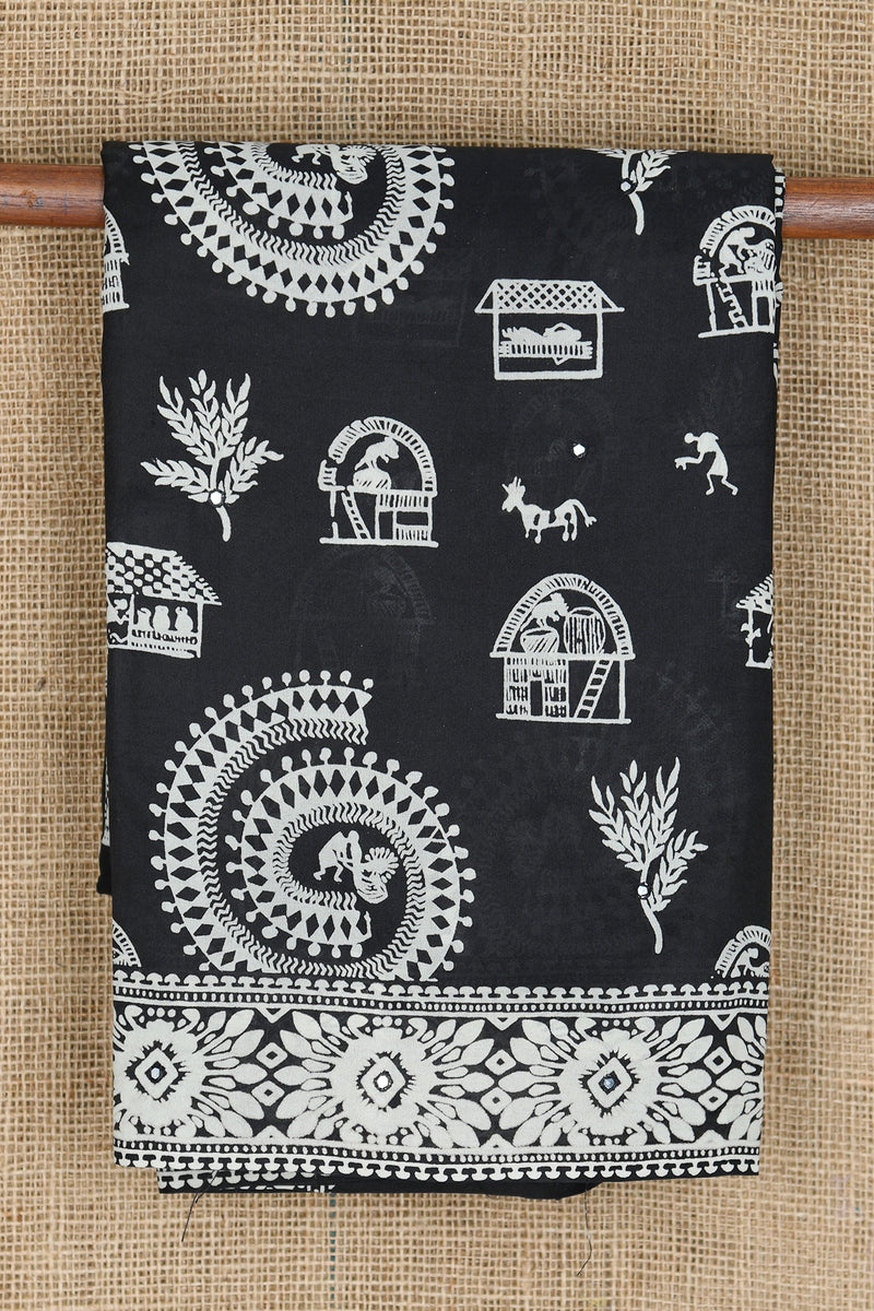 Warli Art Design Black Printed Silk Saree – Sundari Silks