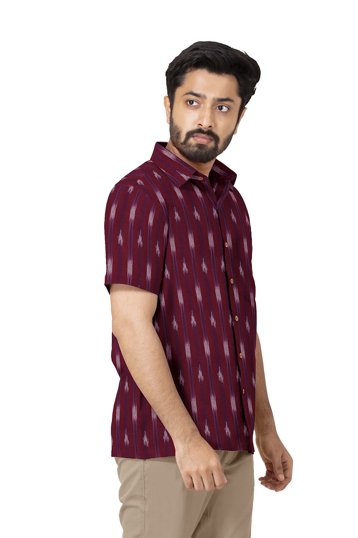  Regular Collar Berry Red Ikat Cotton Shirt 