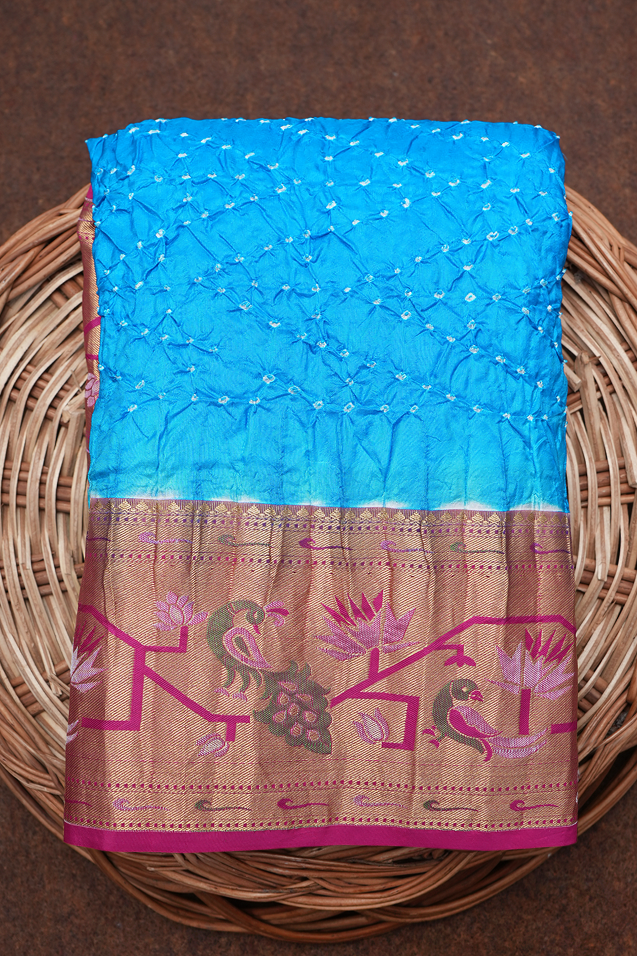  Chevron Design Azure Blue Bandhani Silk Saree 